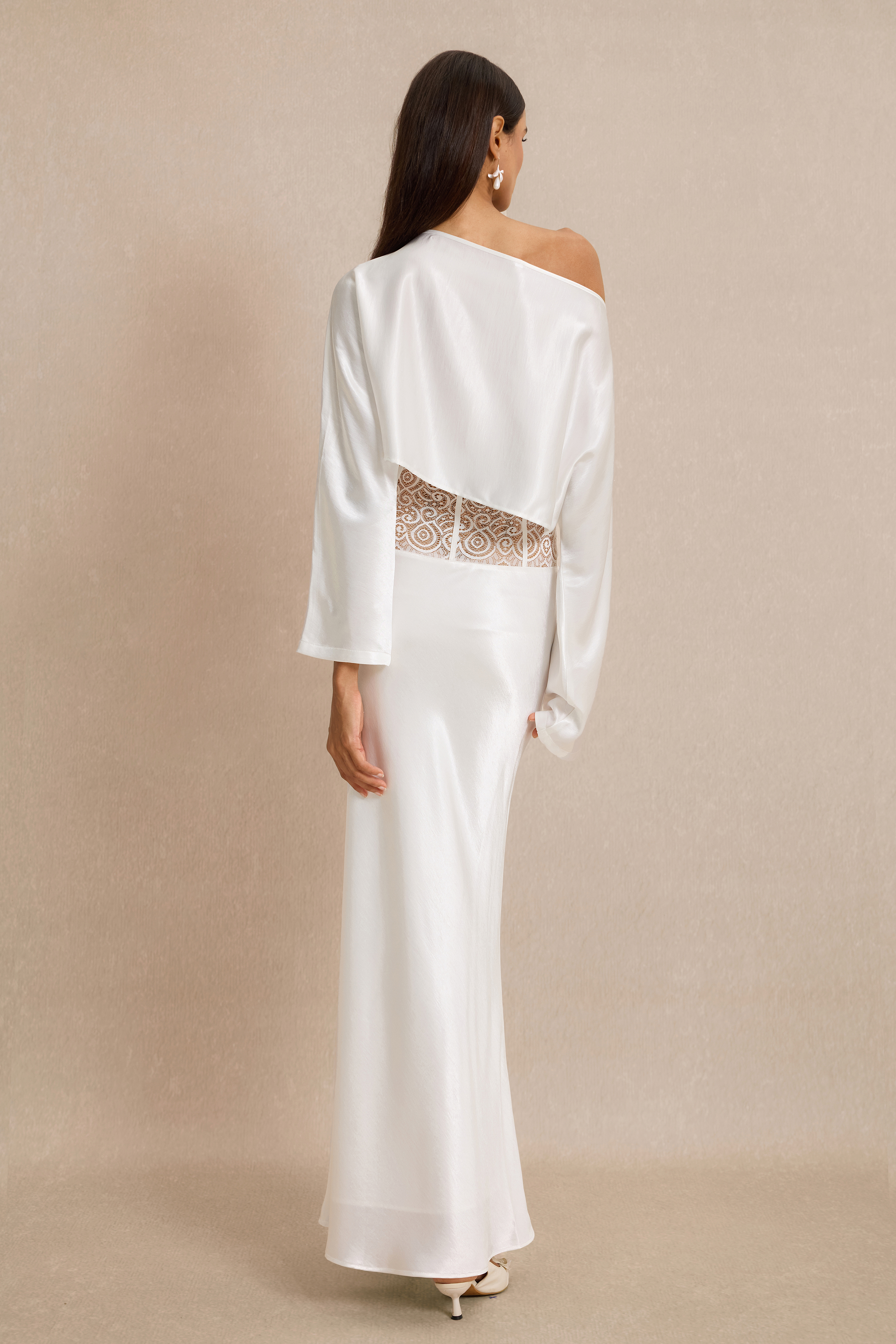 Satin Skew Collar Top & High Waist Maxi Skirt Set