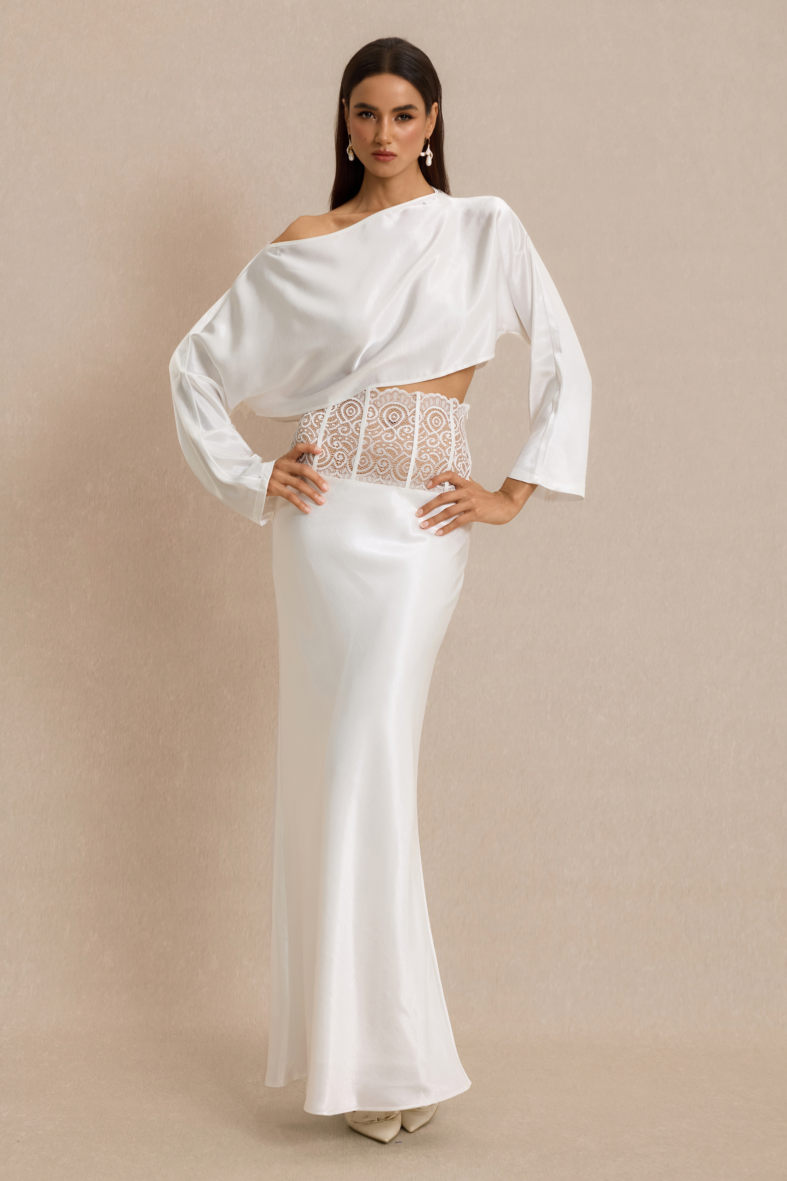Satin Skew Collar Top & High Waist Maxi Skirt Set