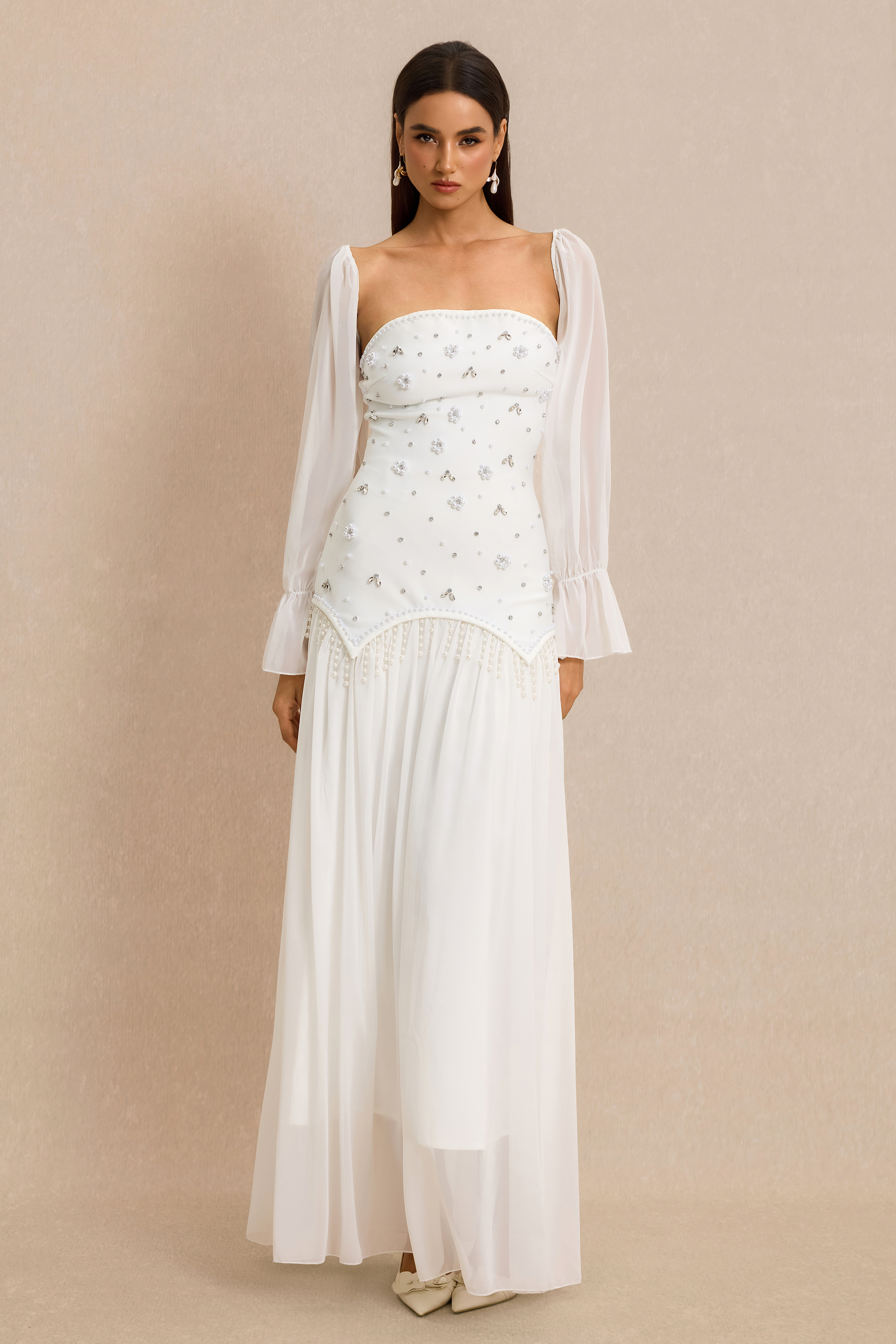 Strapless Beaded Maxi Dress With Cape