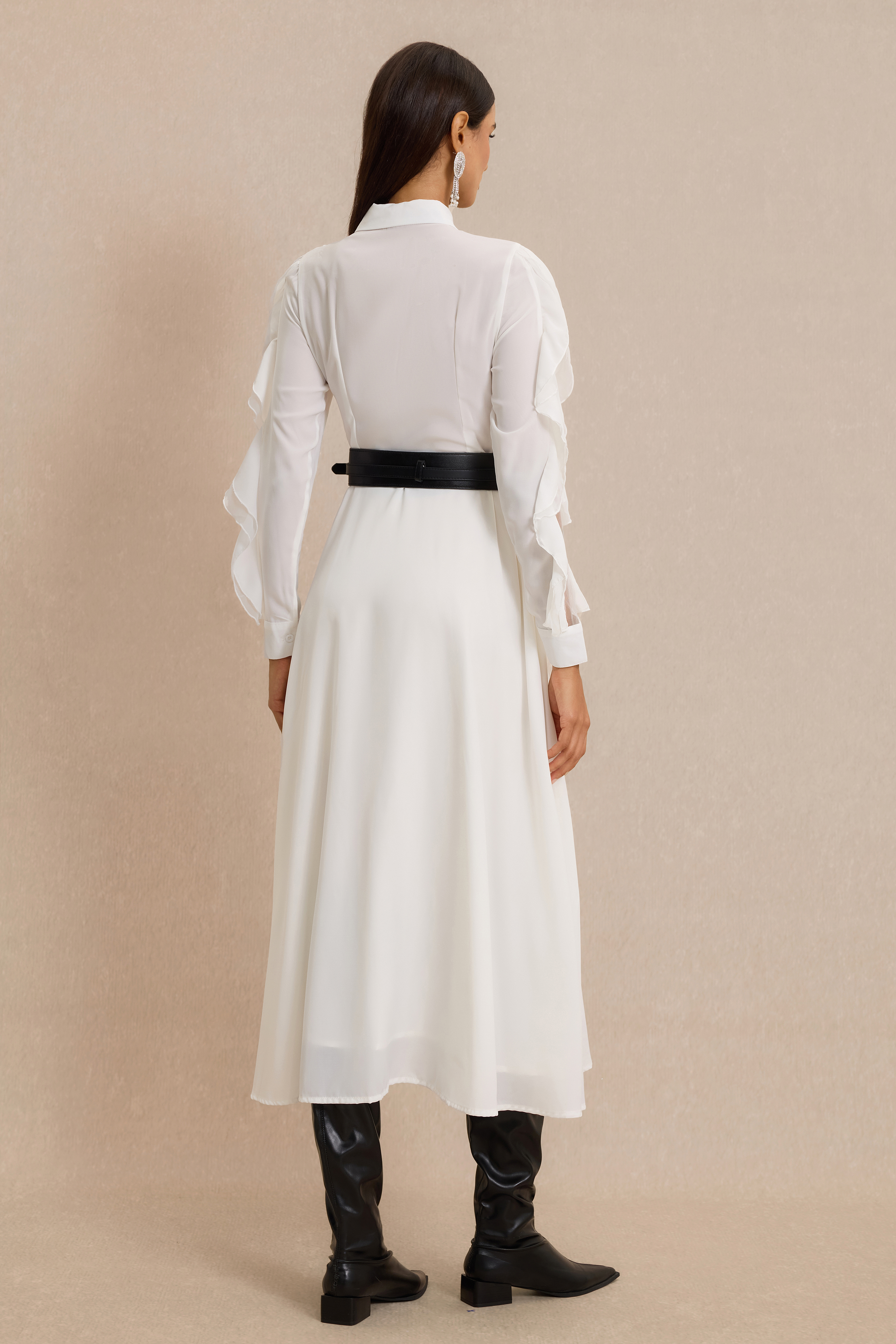 Ruffle Shirt Collar Midi Dress With Belt