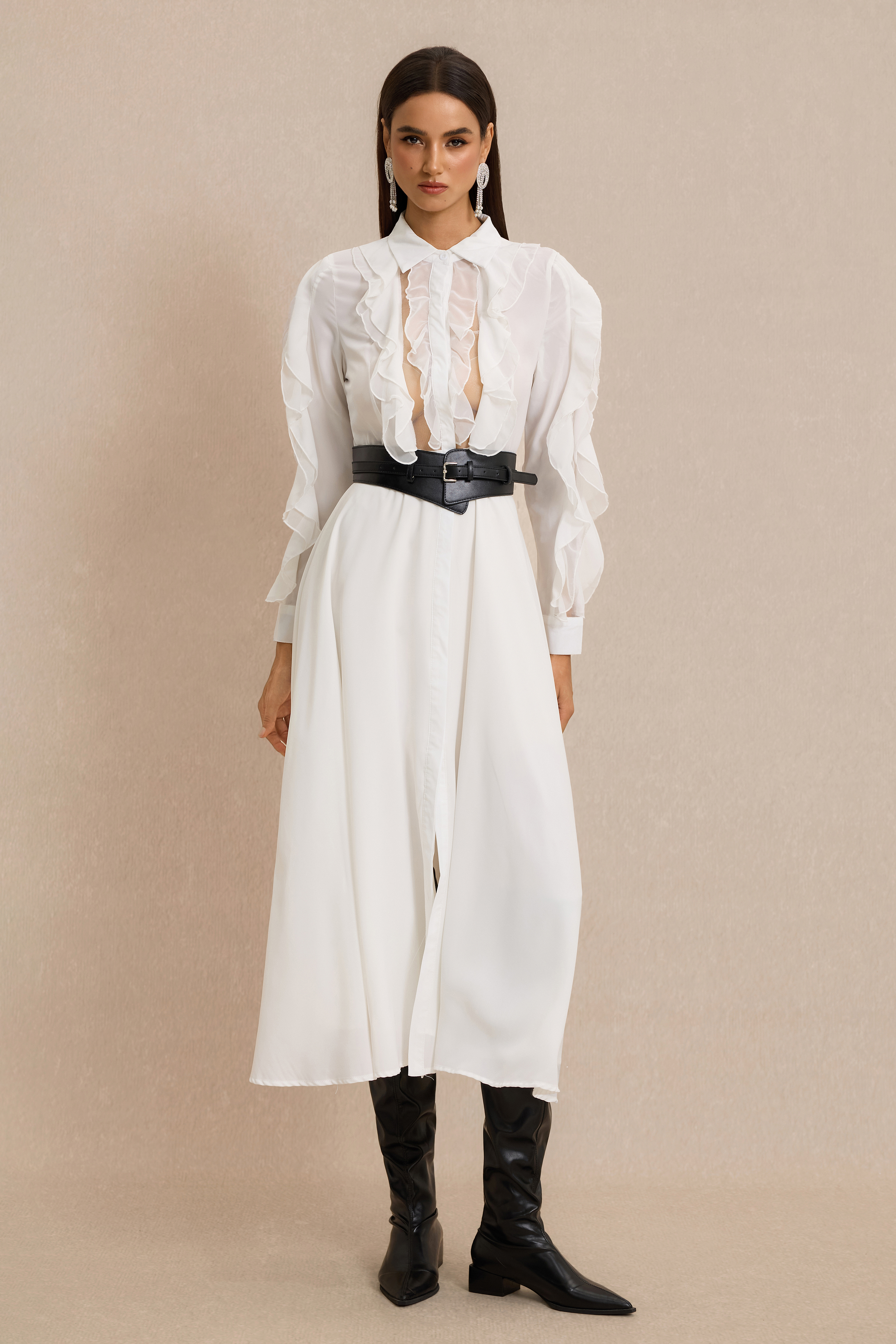 Ruffle Shirt Collar Midi Dress With Belt