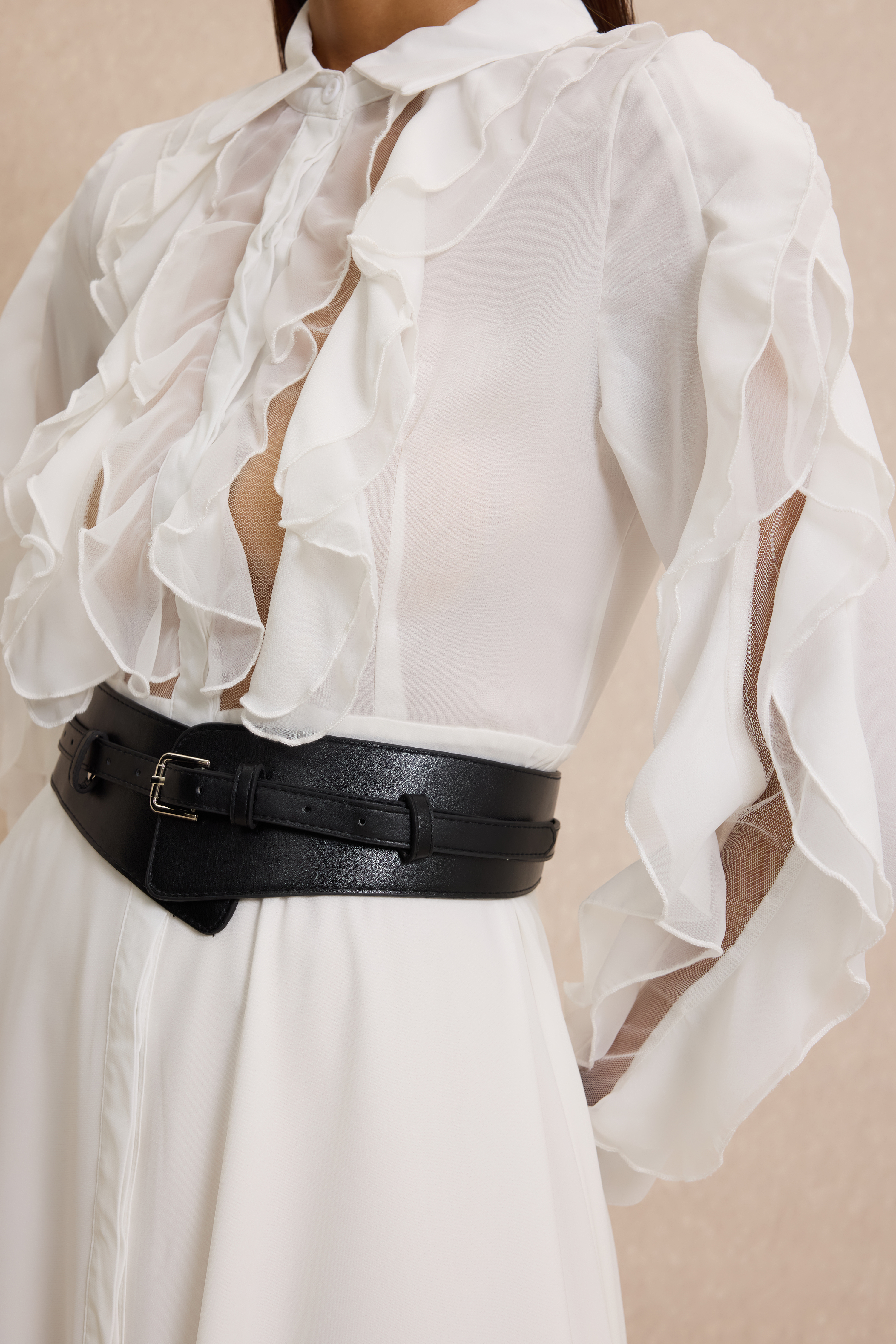 Ruffle Shirt Collar Midi Dress With Belt – JardinVue