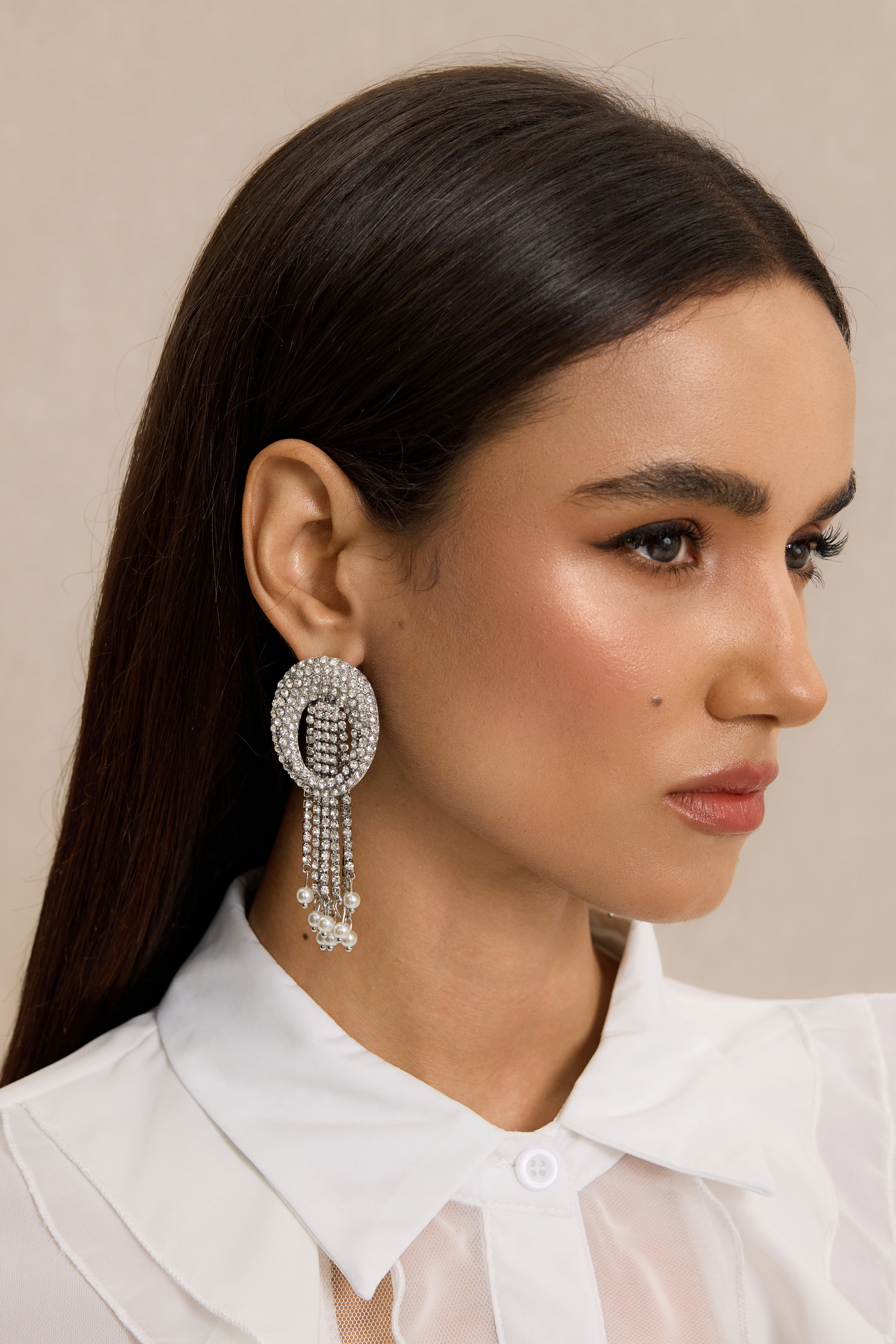 Rhinestone Circle Fringe Faux Pearl Drop Earrings