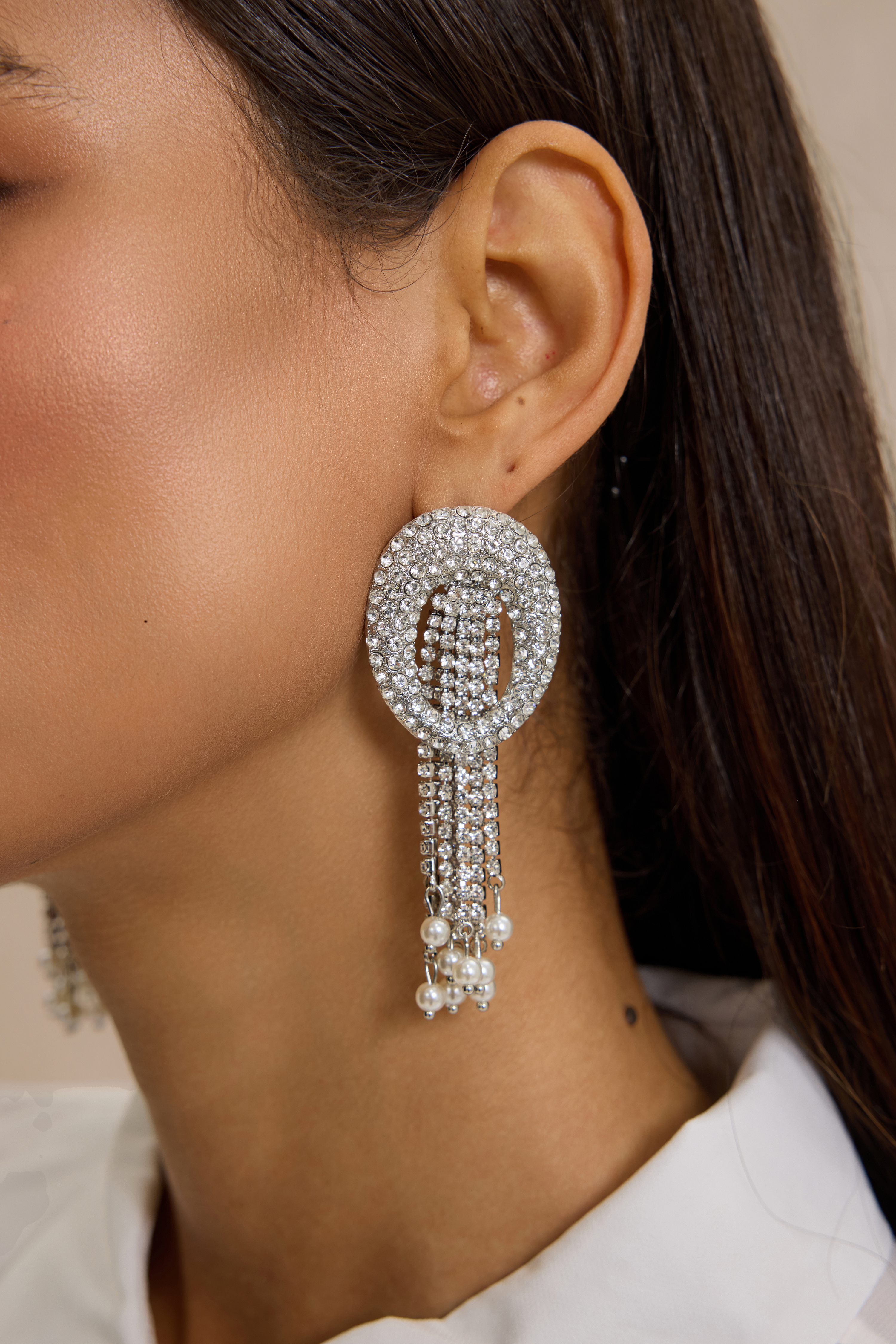 Rhinestone Circle Fringe Faux Pearl Drop Earrings