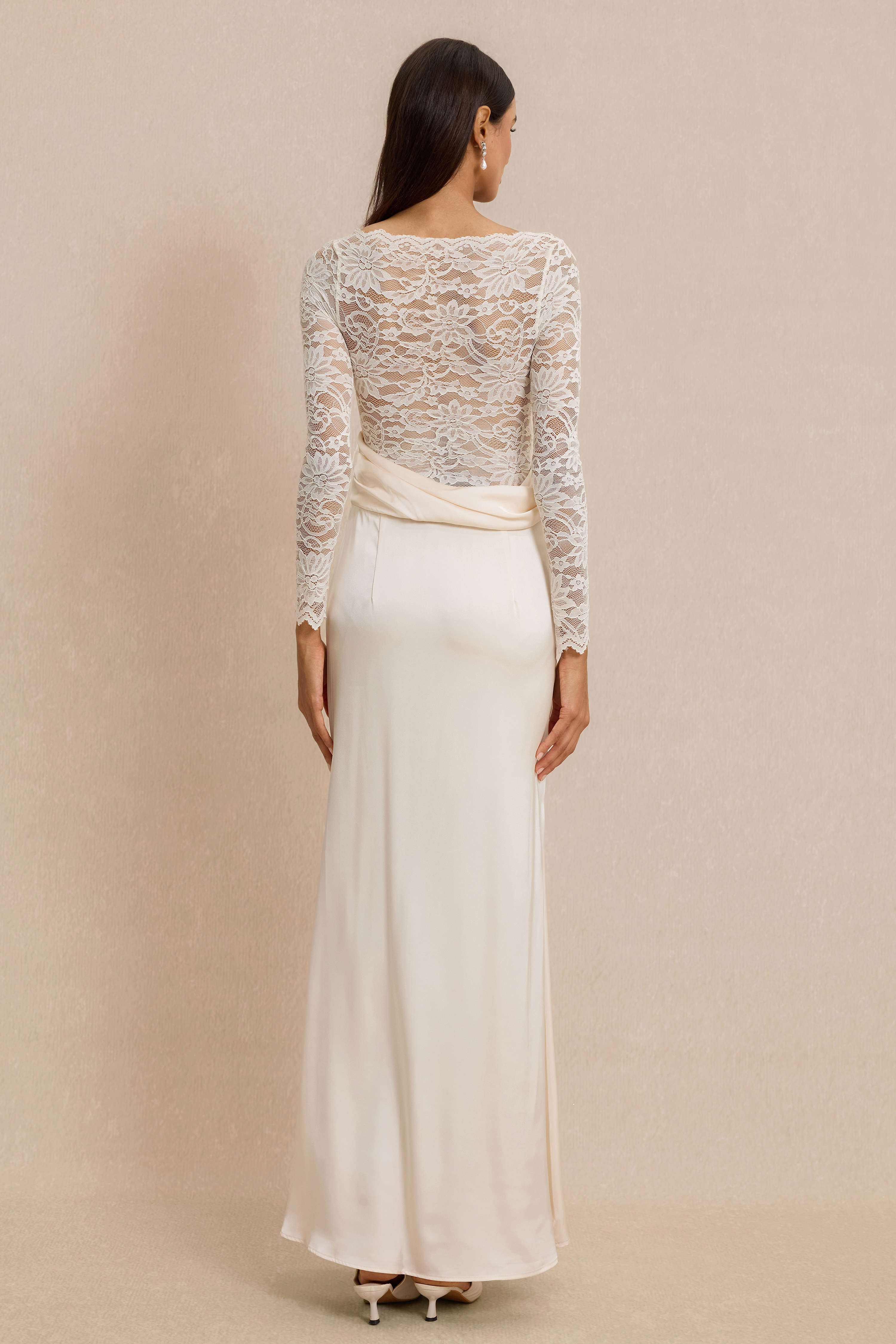Pleat Lace Long Sleeve Bodycon Maxi Dress
