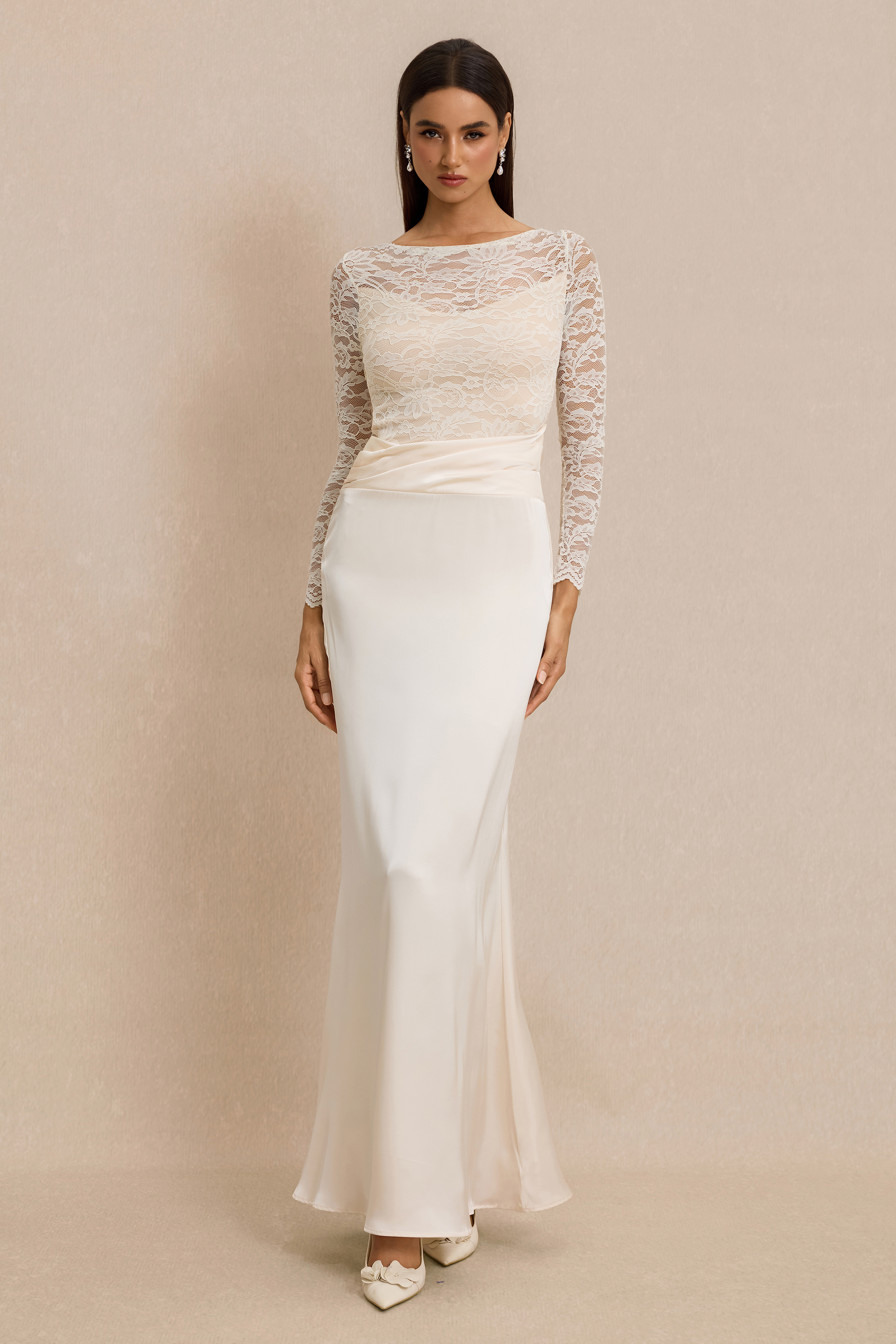 Pleat Lace Long Sleeve Bodycon Maxi Dress