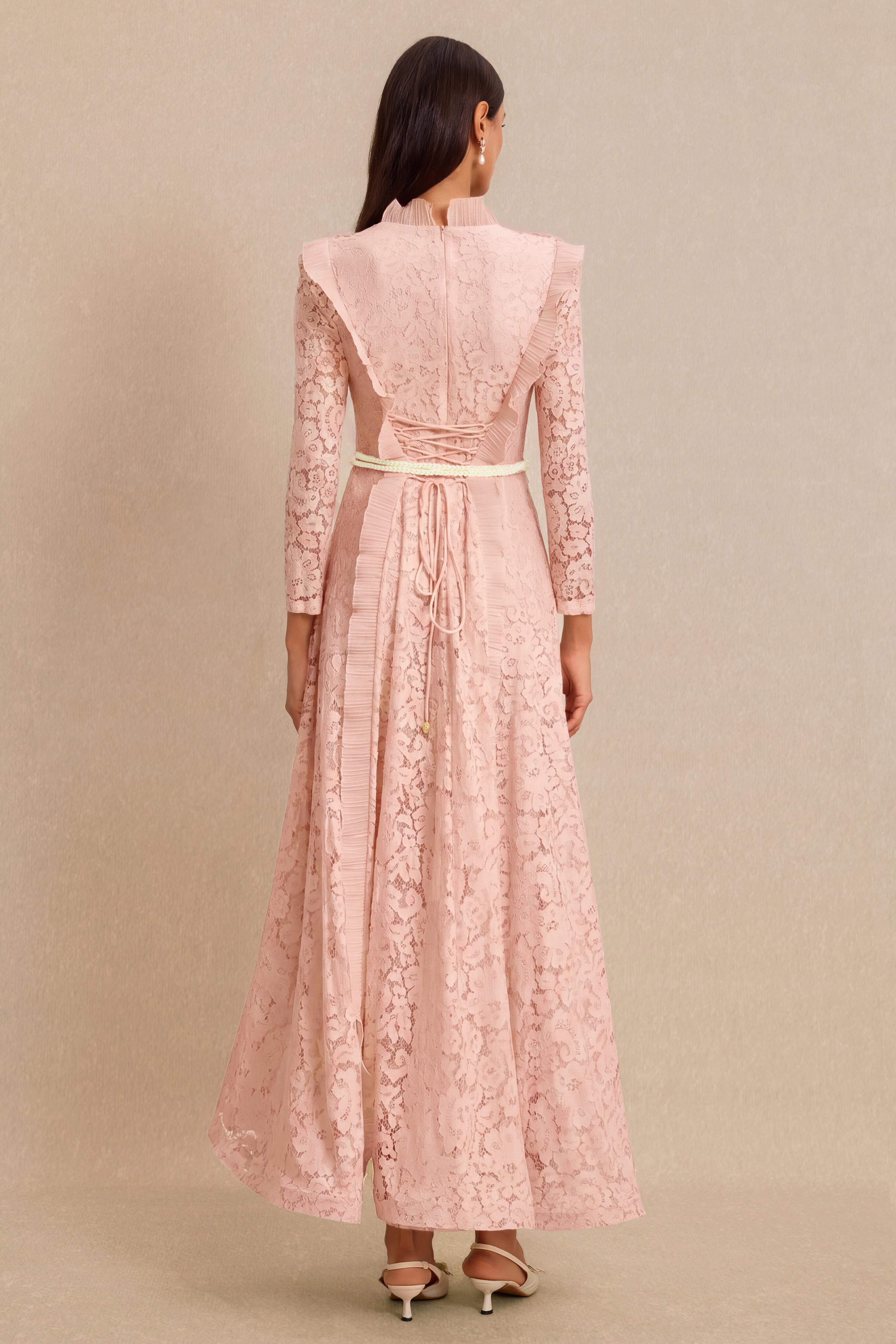 Lace 3D Flower Frill Maxi Dress With Belt