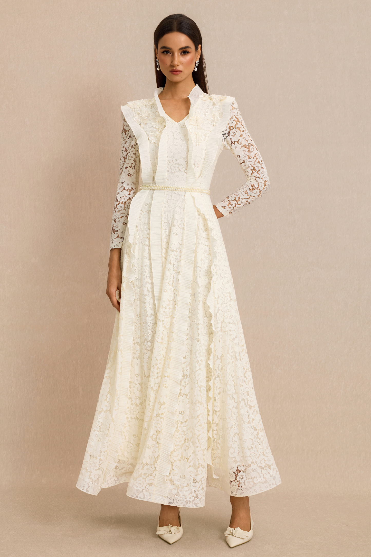 Lace 3D Flower Frill Maxi Dress With Belt