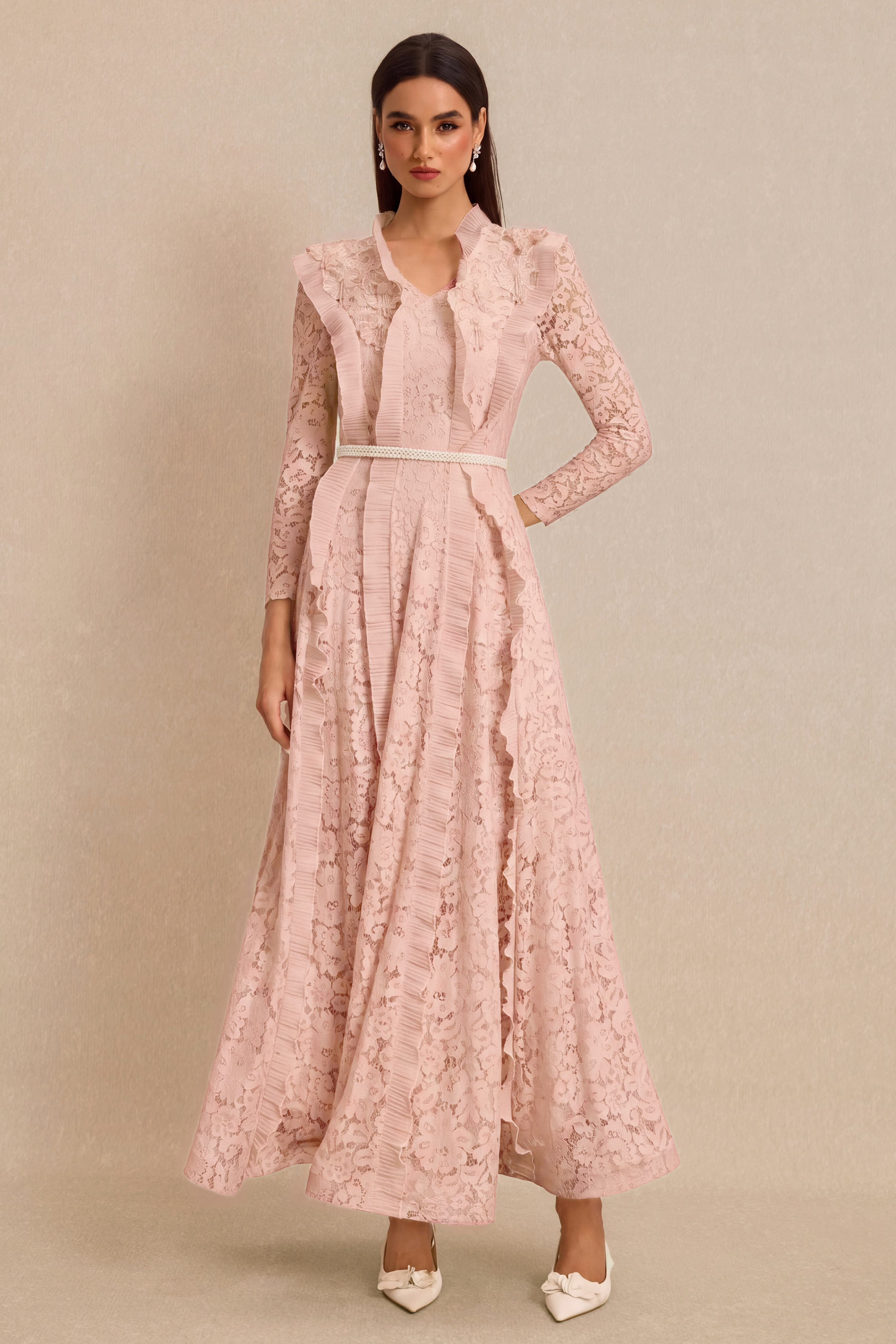 Lace 3D Flower Frill Maxi Dress With Belt