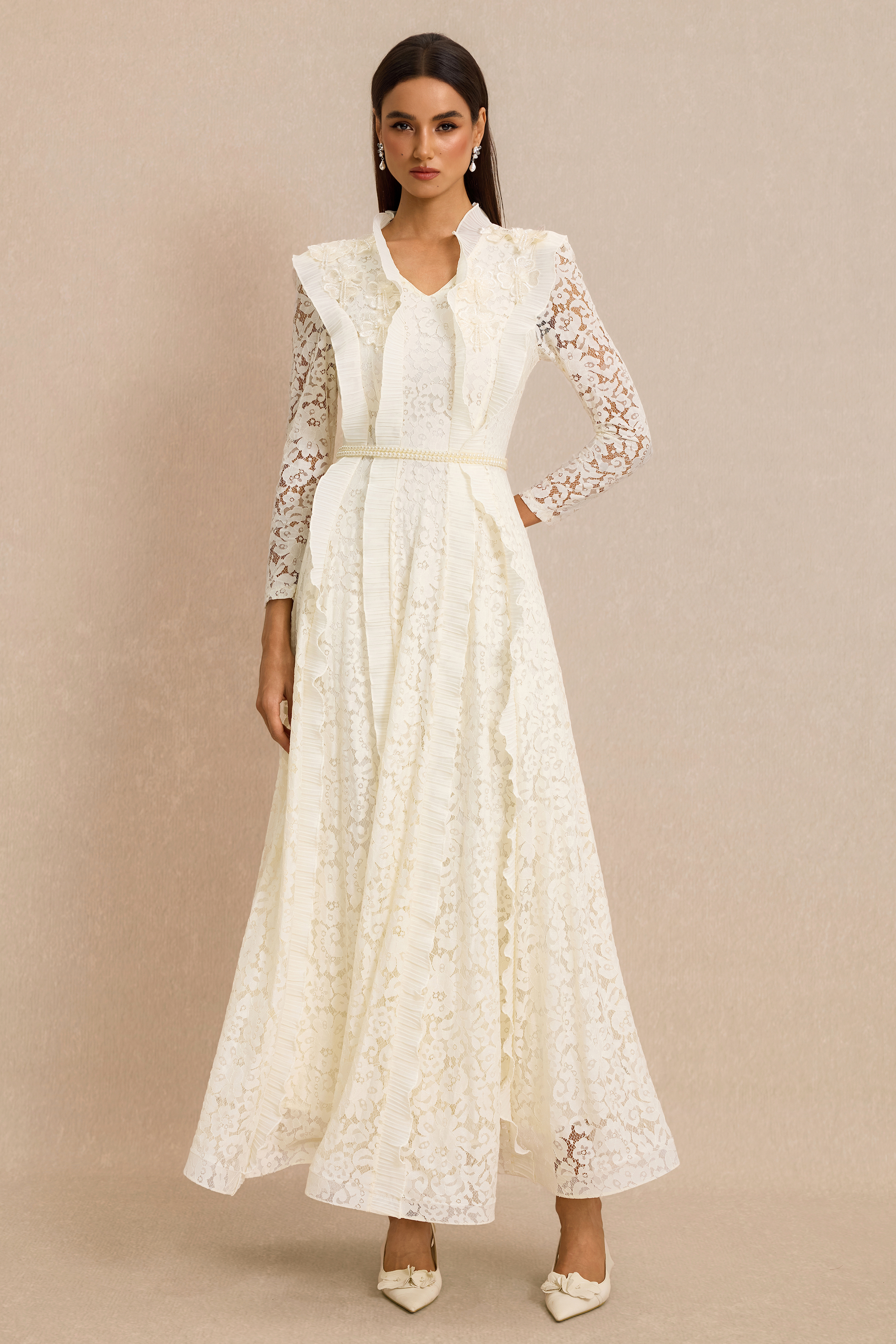 Lace 3D Flower Frill Maxi Dress With Belt