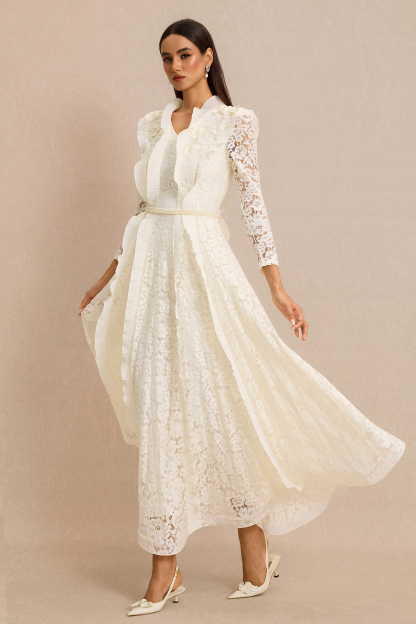Lace 3D Flower Frill Maxi Dress With Belt