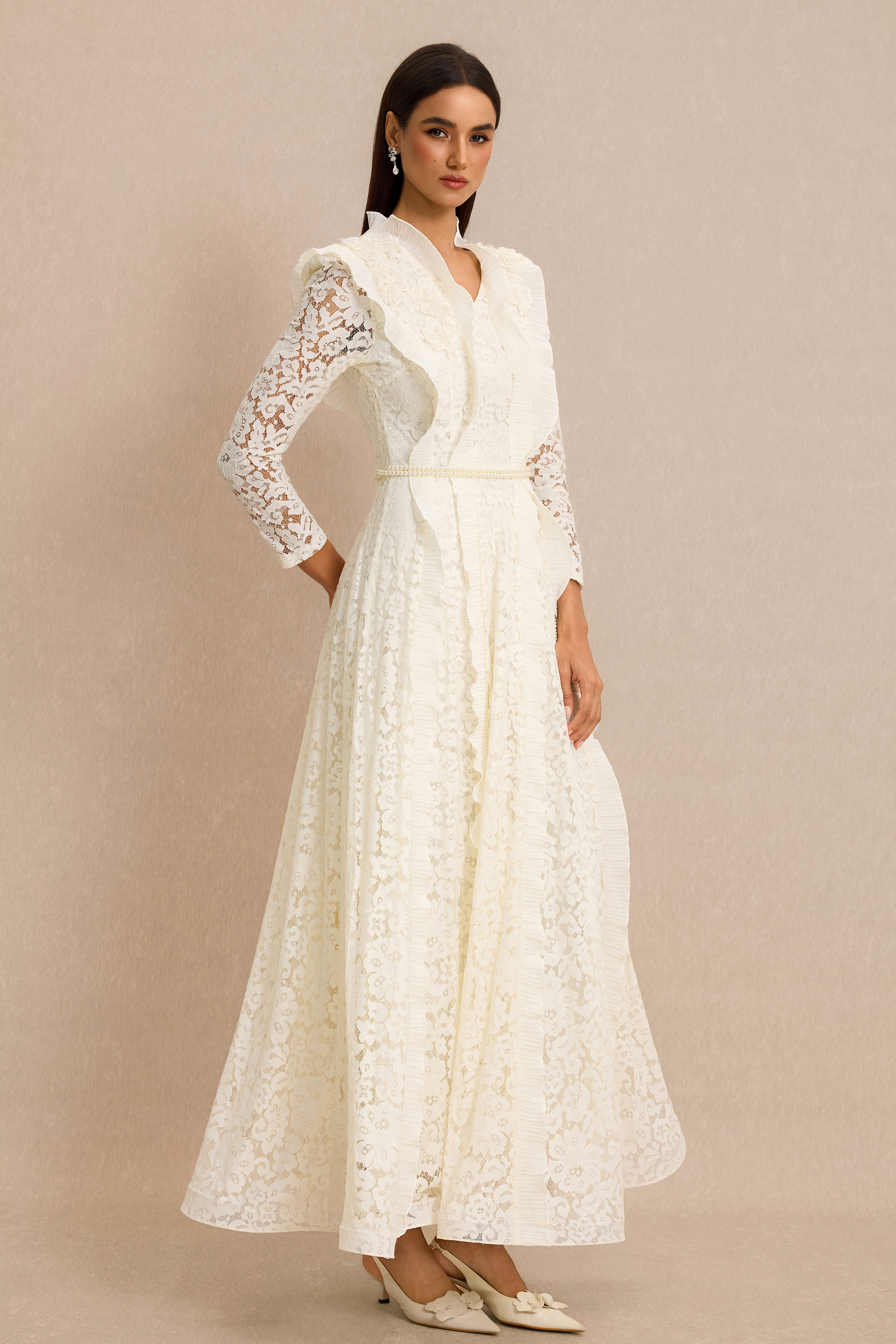 Lace 3D Flower Frill Maxi Dress With Belt