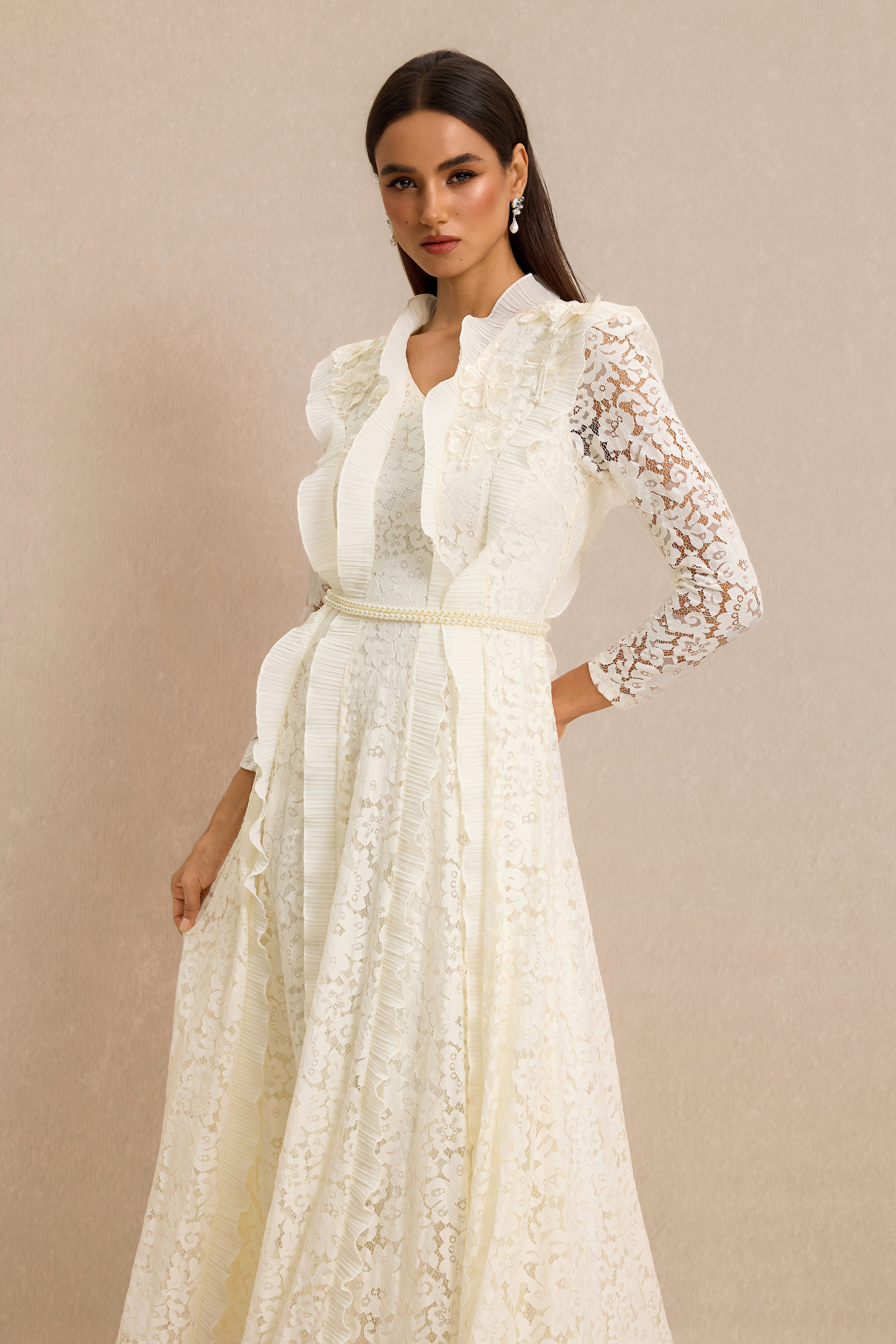 Lace 3D Flower Frill Maxi Dress With Belt