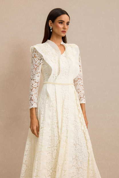 Lace 3D Flower Frill Maxi Dress With Belt