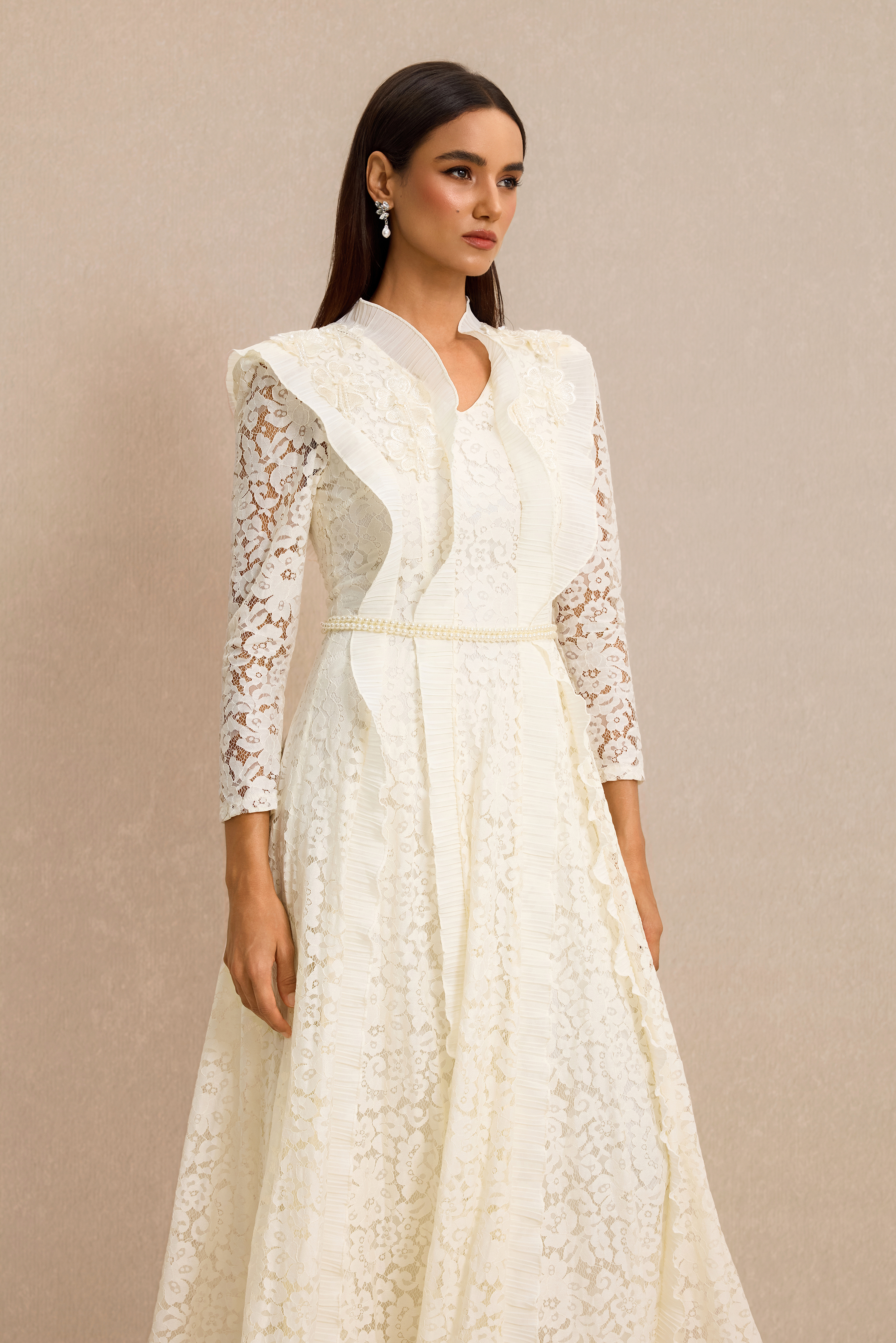 Lace 3D Flower Frill Maxi Dress With Belt