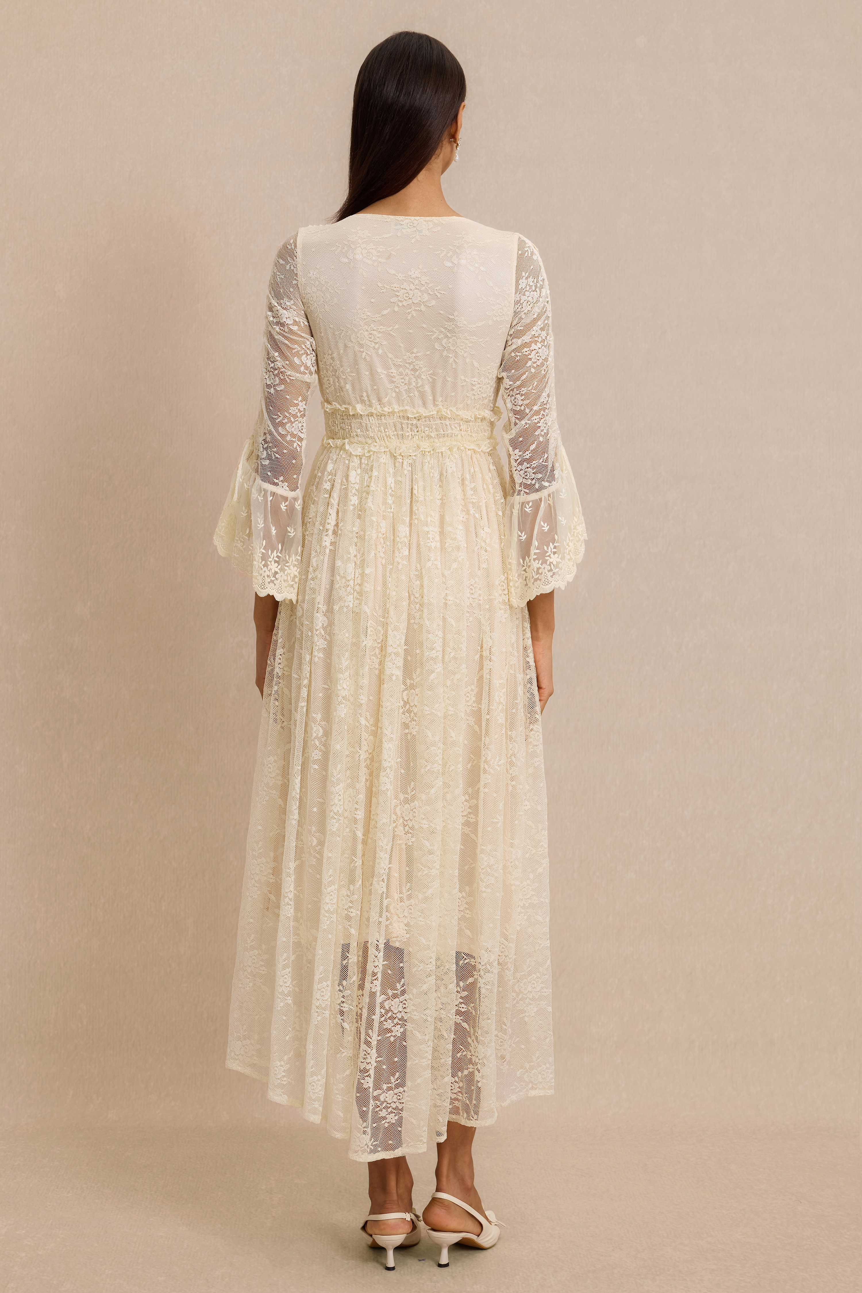 Lace Shirring Lace-Up Midi Dress