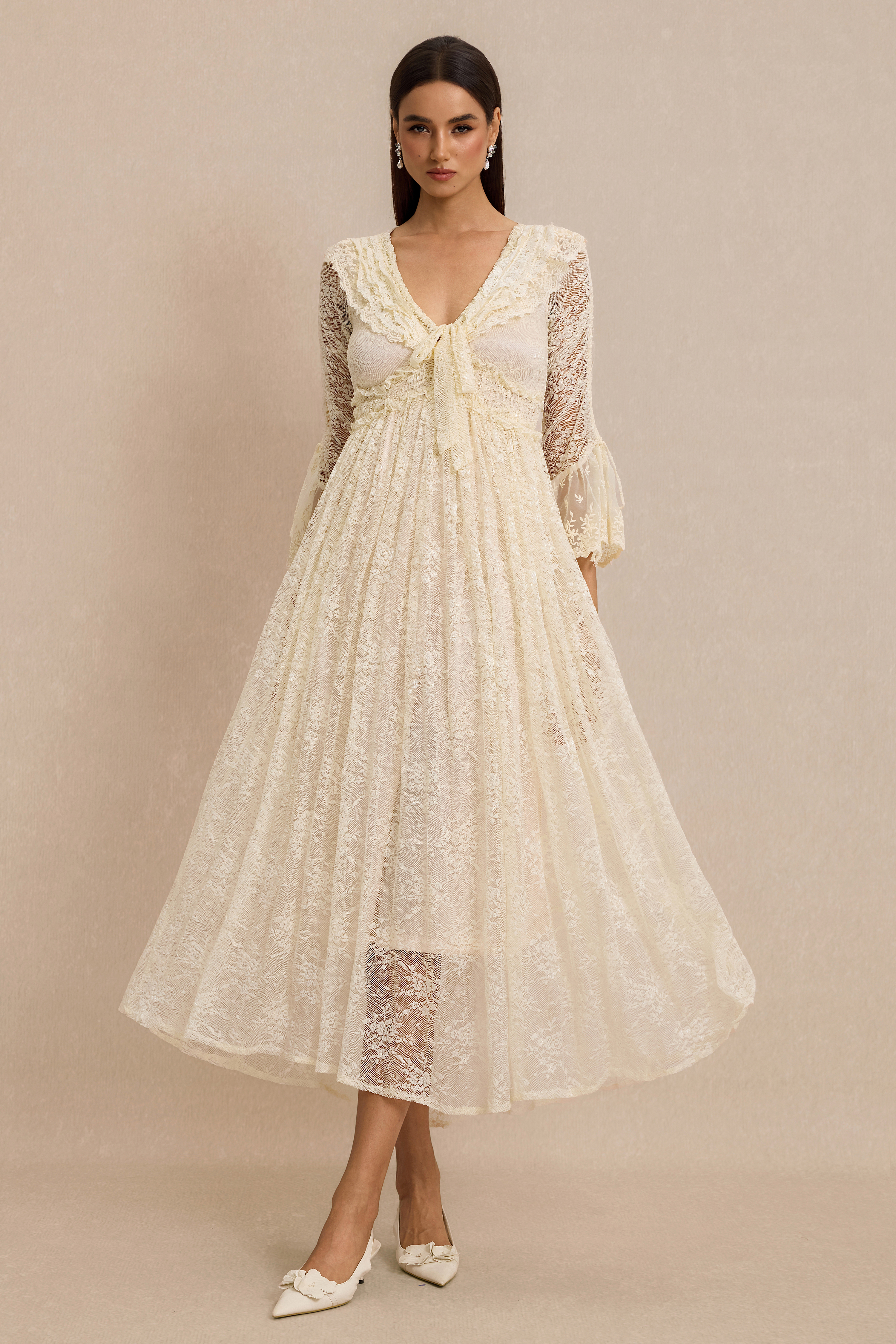 Lace Shirring Lace-Up Midi Dress