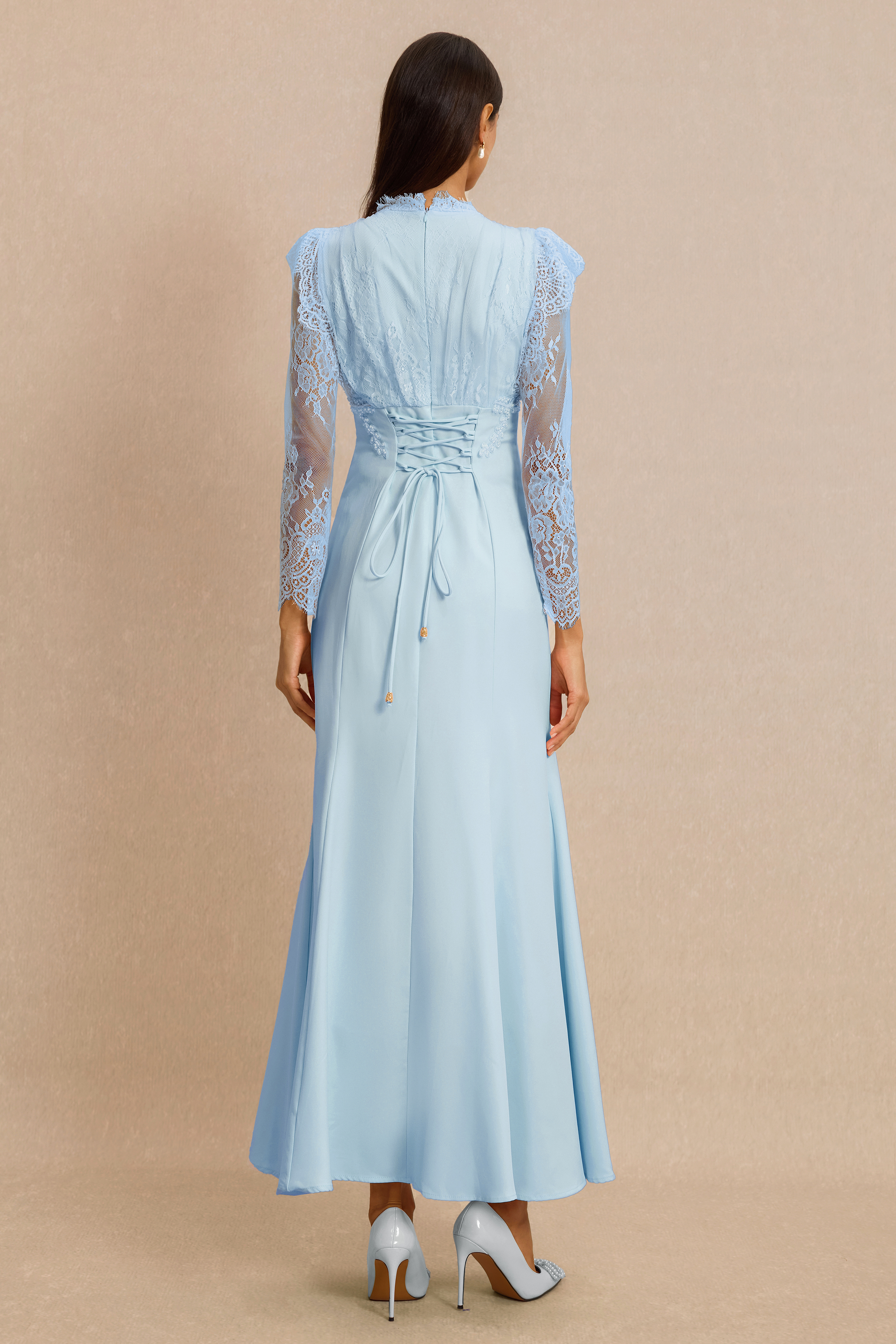 Lace V-Neck Nail Bead Embroidery Midi Dress