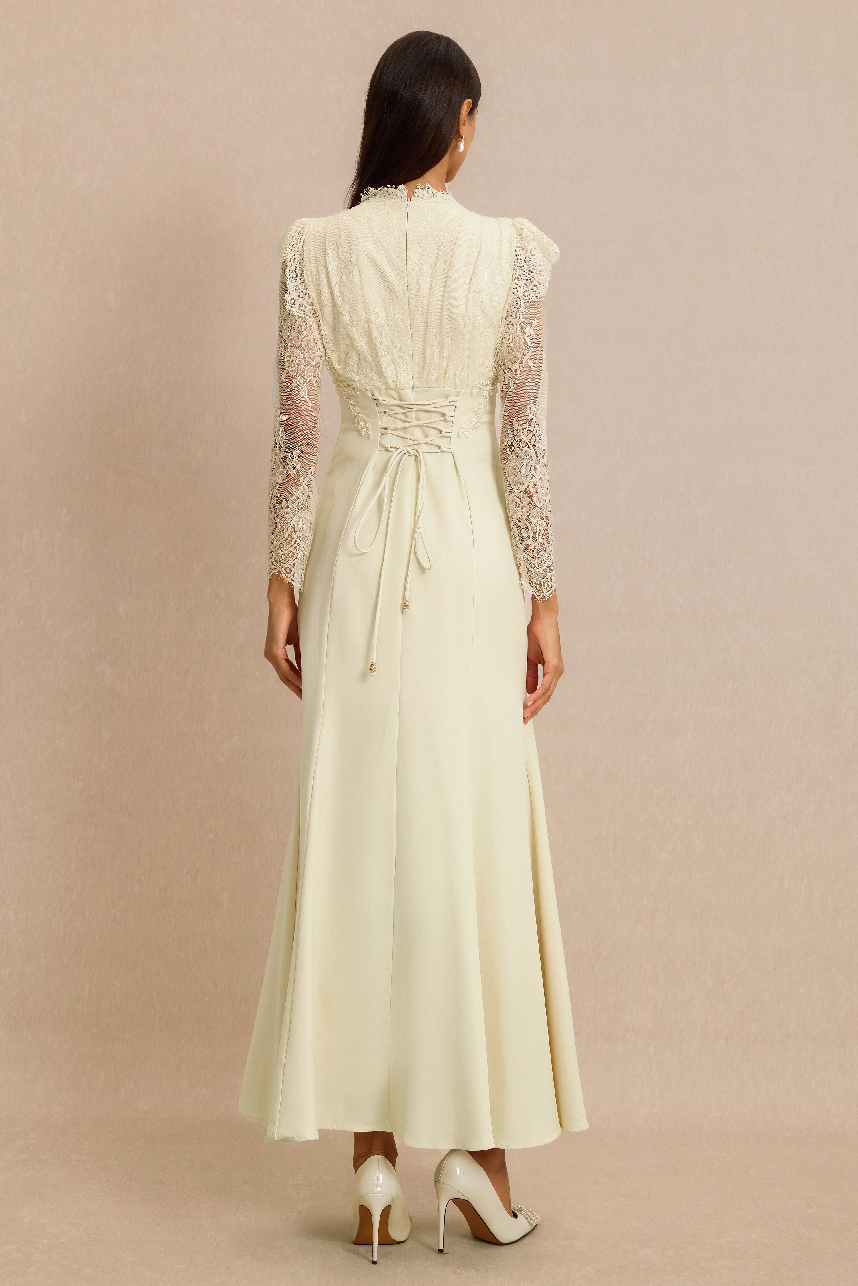 Lace V-Neck Nail Bead Embroidery Midi Dress