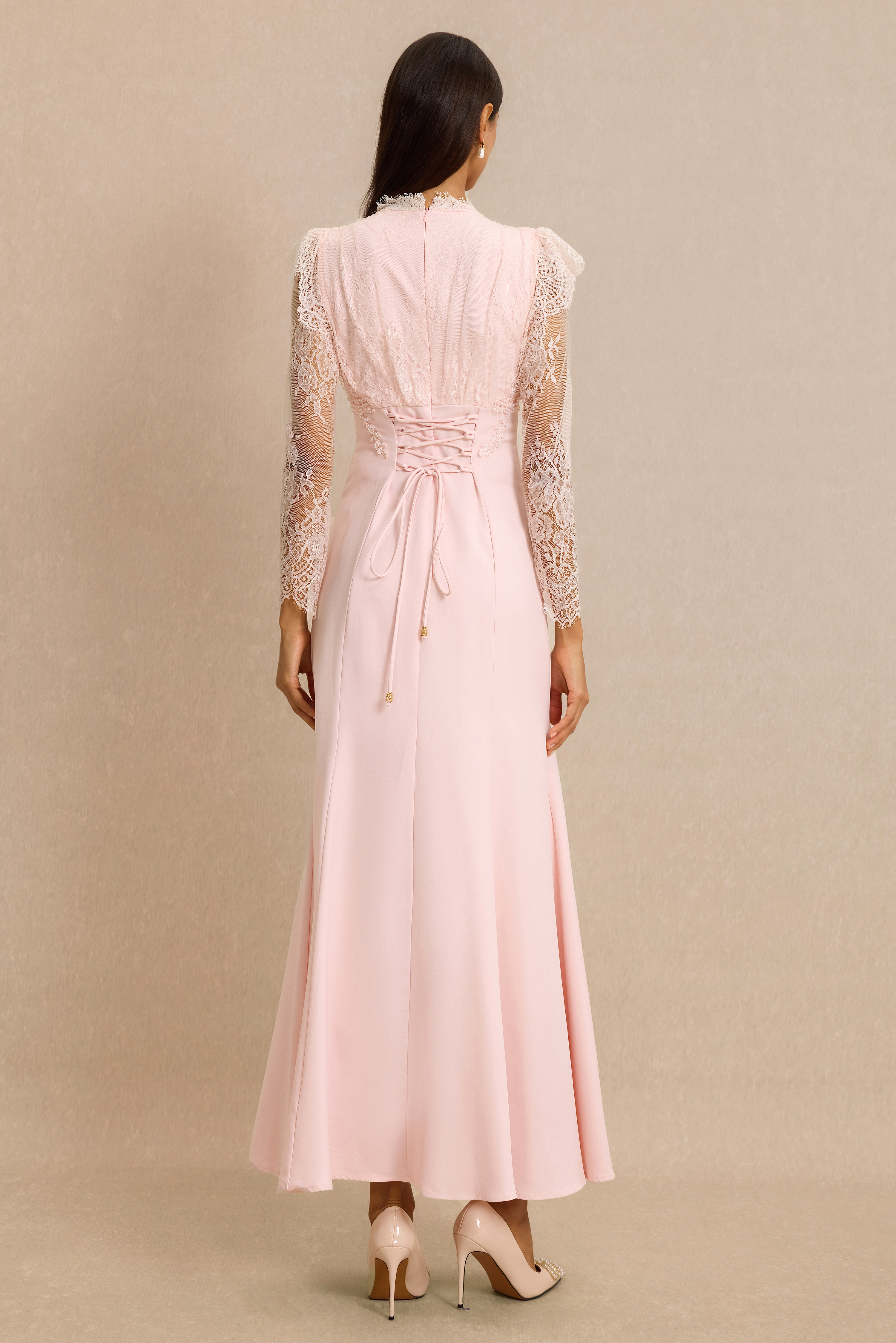 Lace V-Neck Nail Bead Embroidery Midi Dress