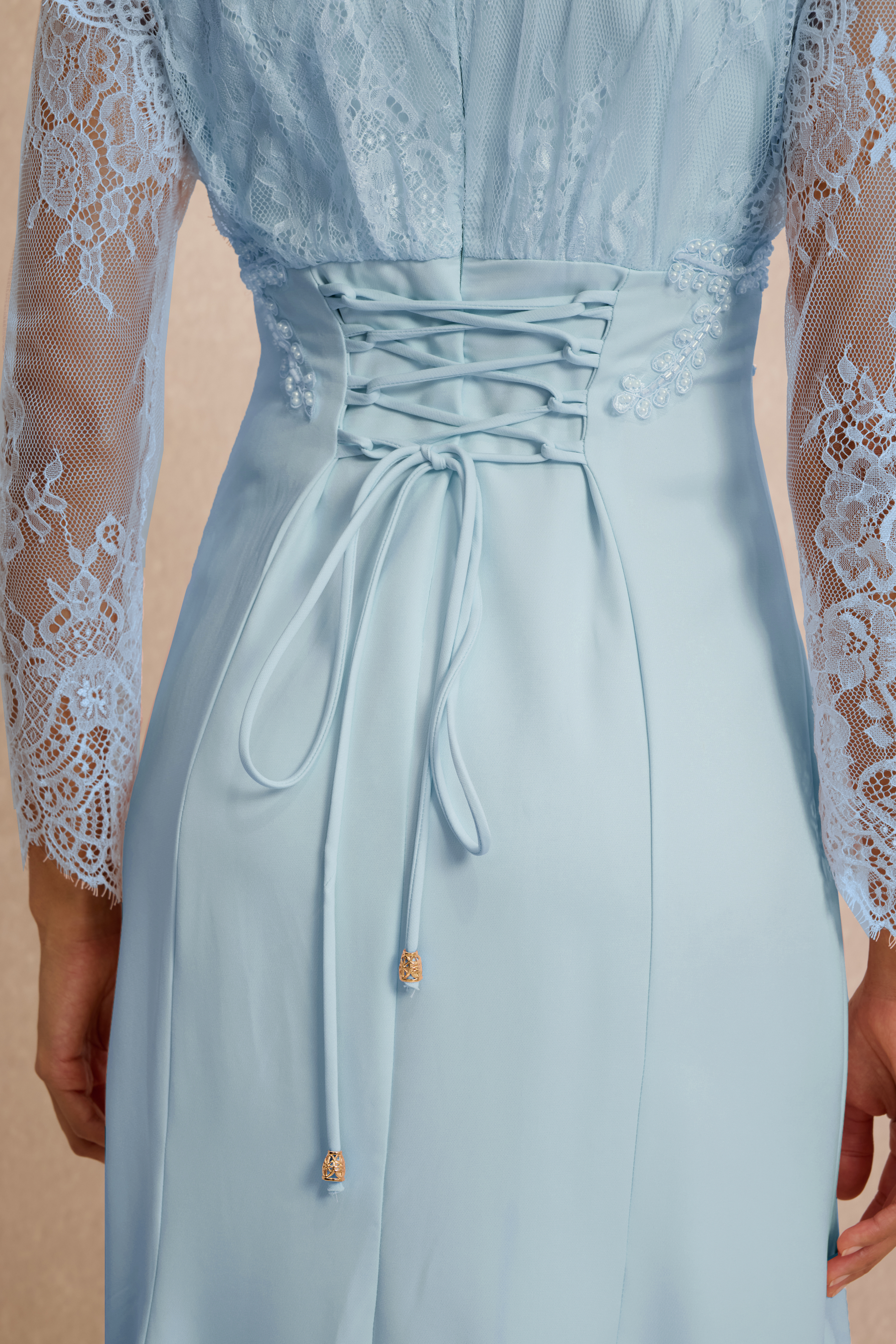 Lace V-Neck Nail Bead Embroidery Midi Dress