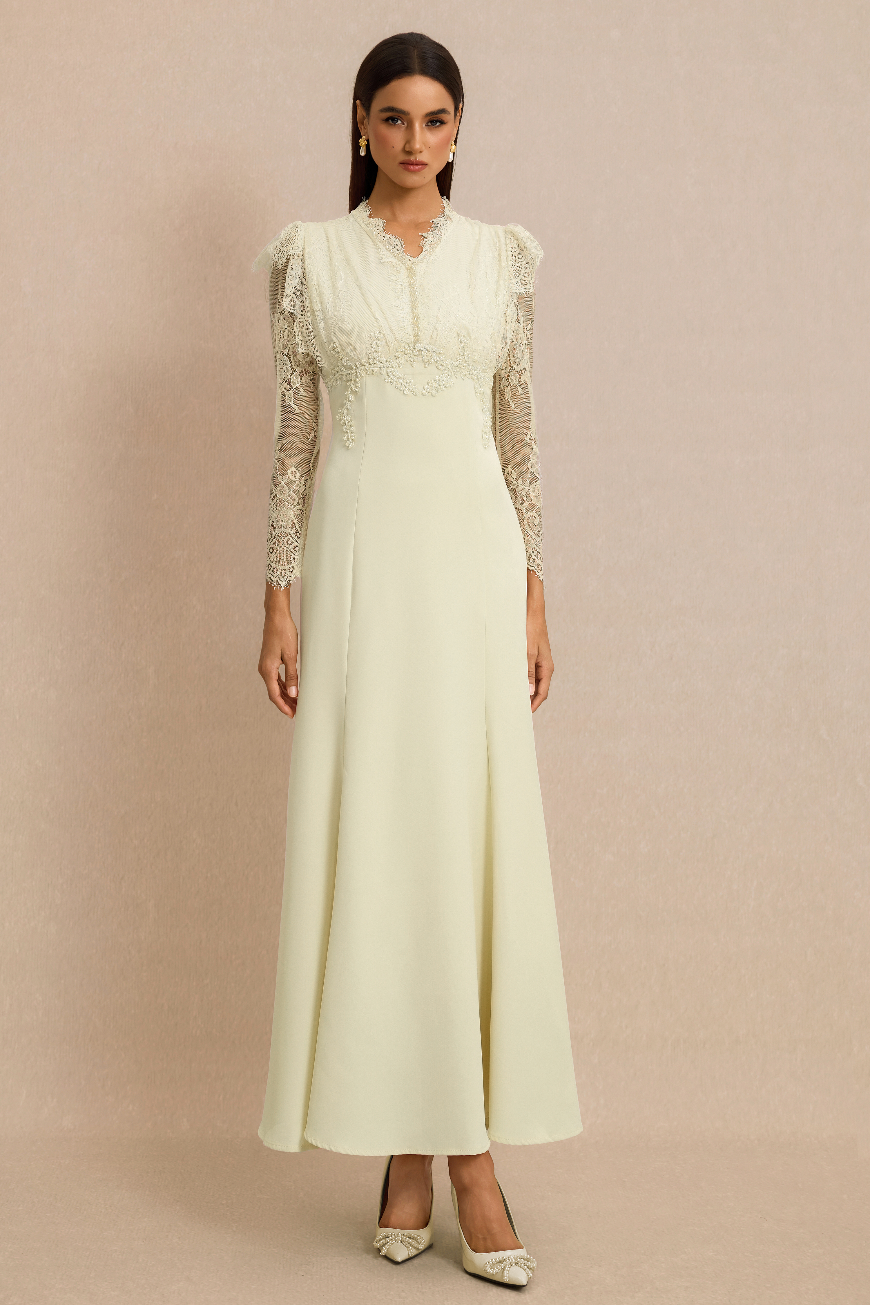 Lace V-Neck Nail Bead Embroidery Midi Dress