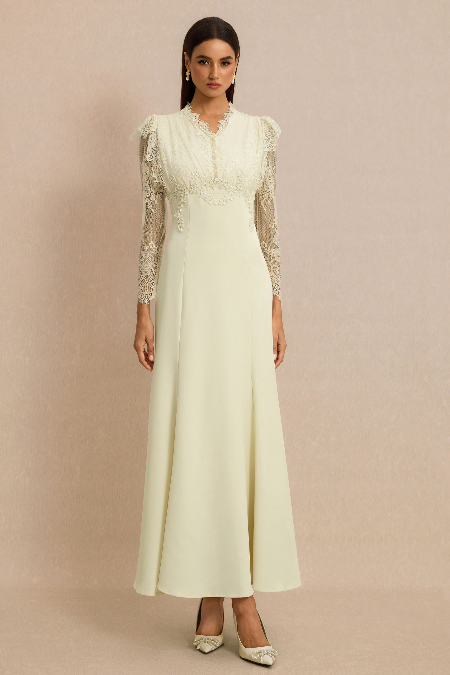 Lace V-Neck Nail Bead Embroidery Midi Dress