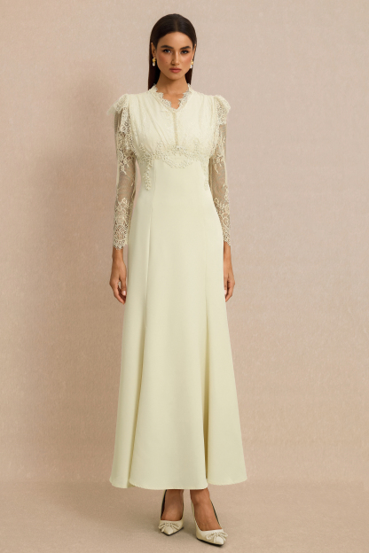 Lace V-Neck Nail Bead Embroidery Midi Dress