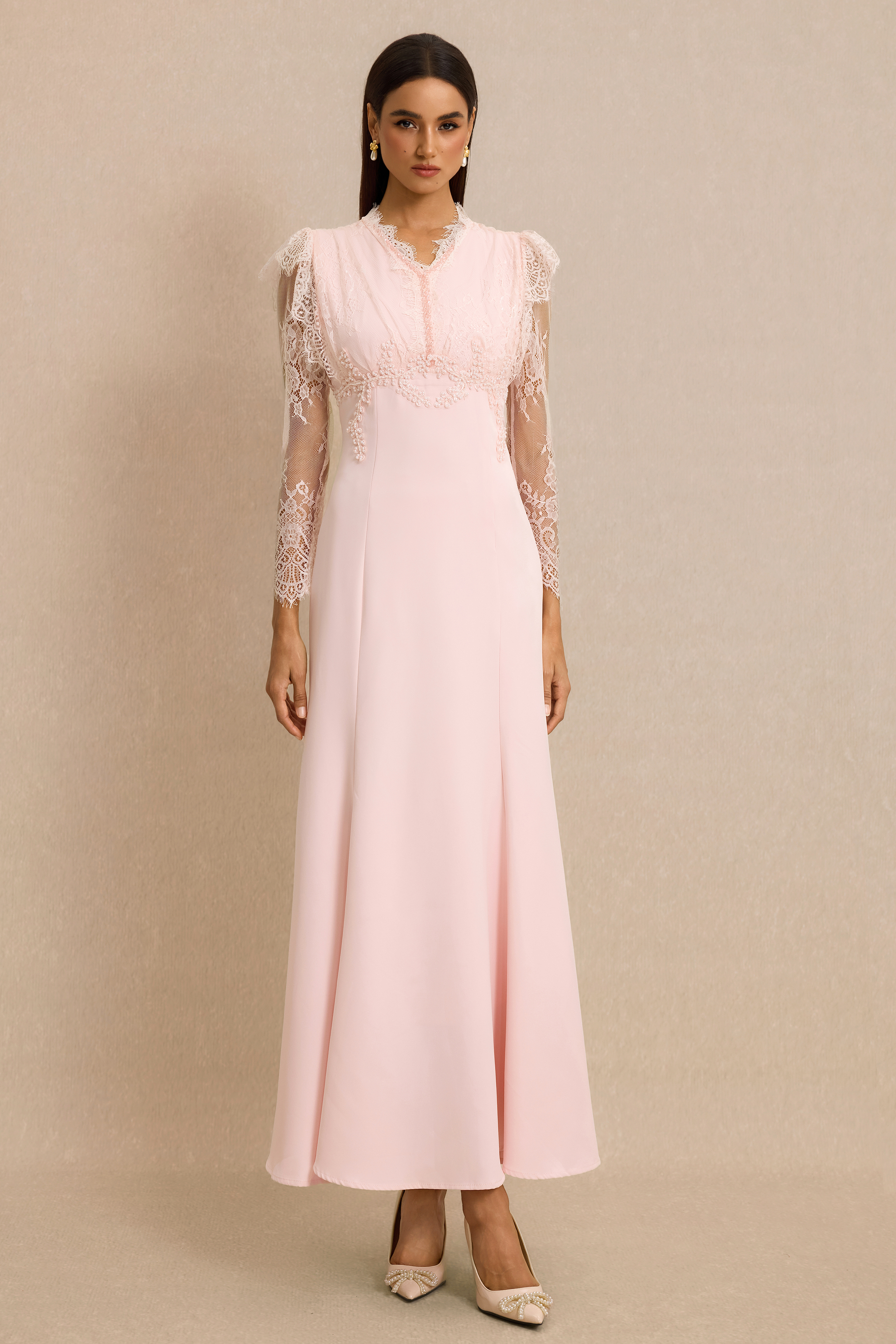Lace V-Neck Nail Bead Embroidery Midi Dress