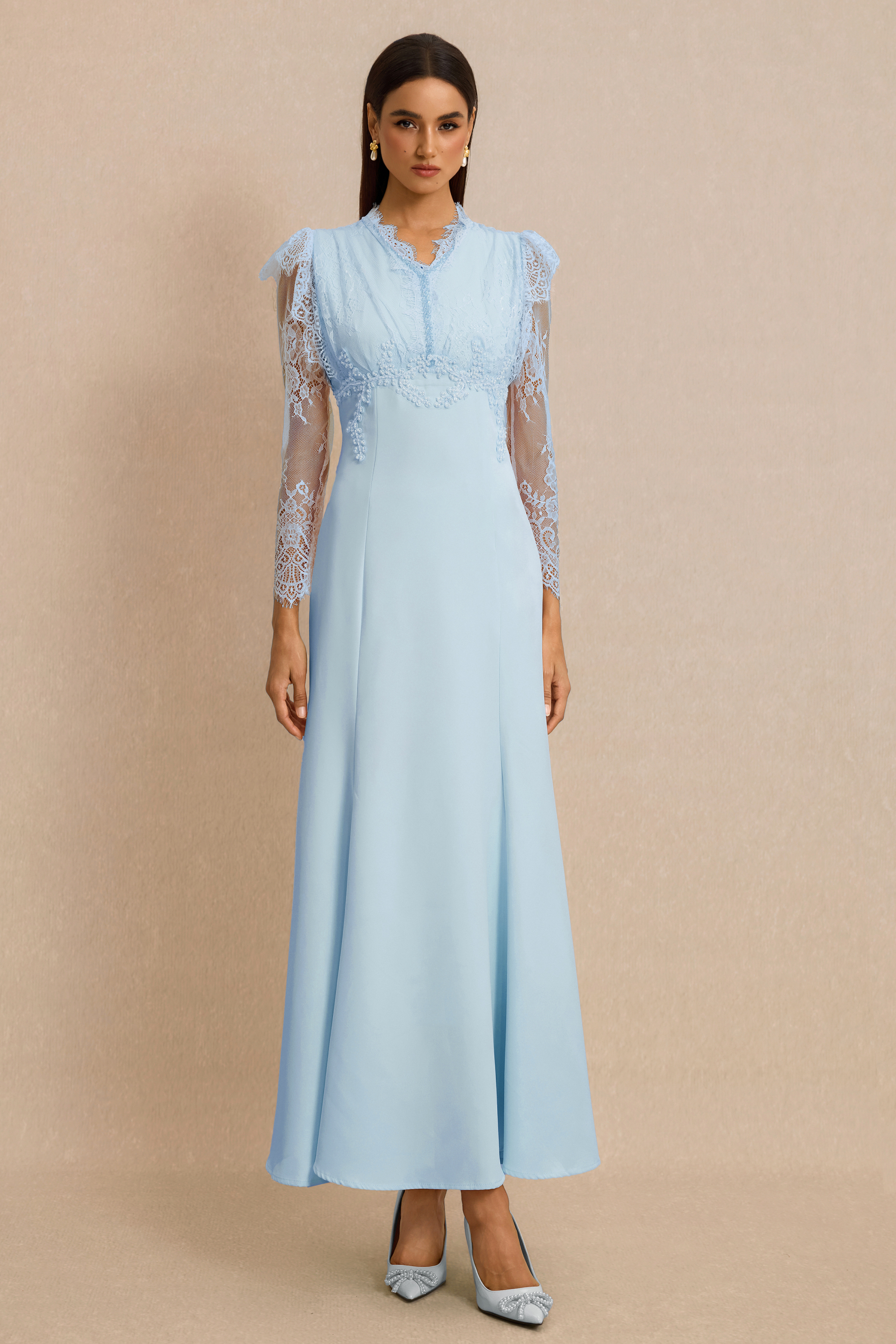 Lace V-Neck Nail Bead Embroidery Midi Dress