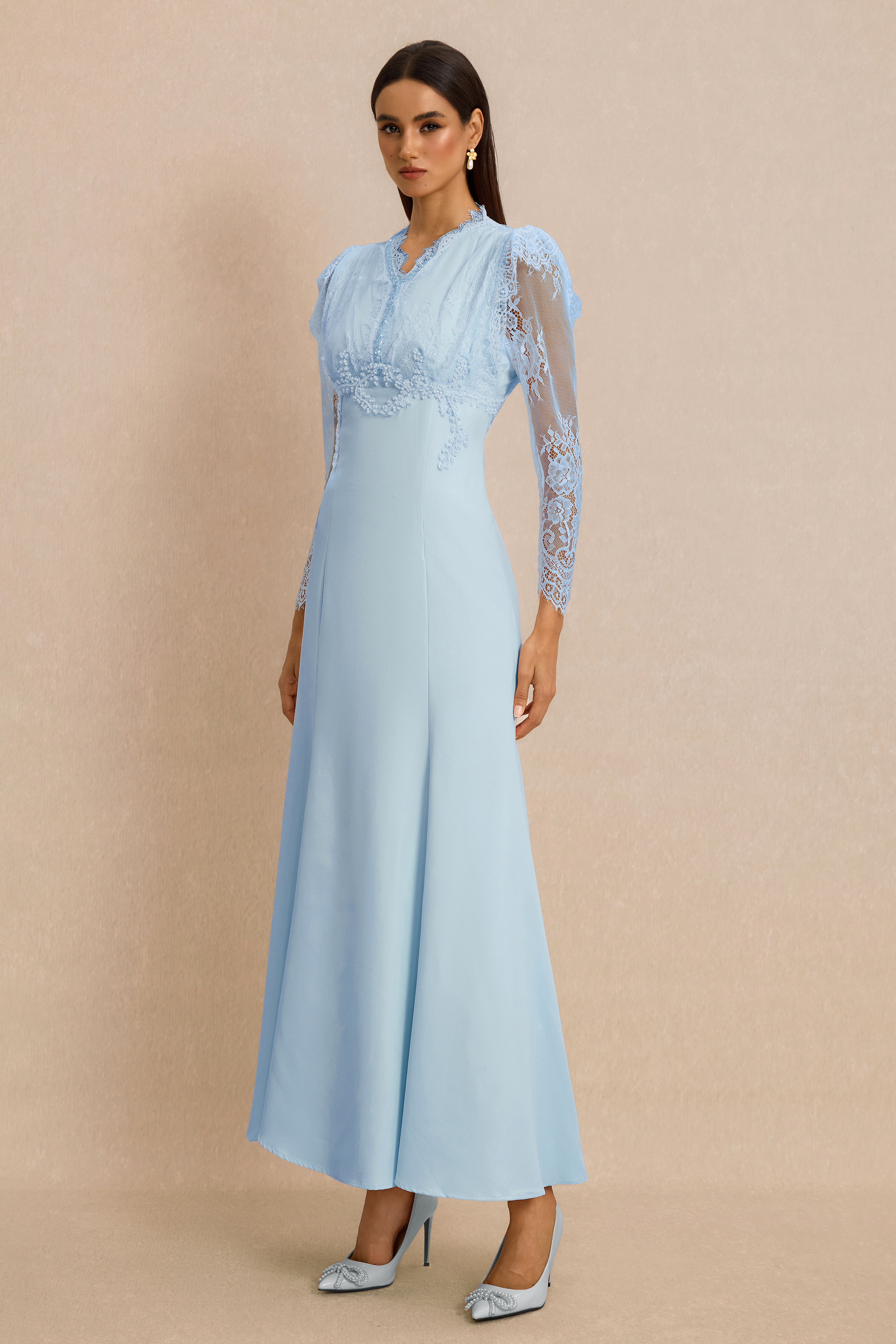 Lace V-Neck Nail Bead Embroidery Midi Dress