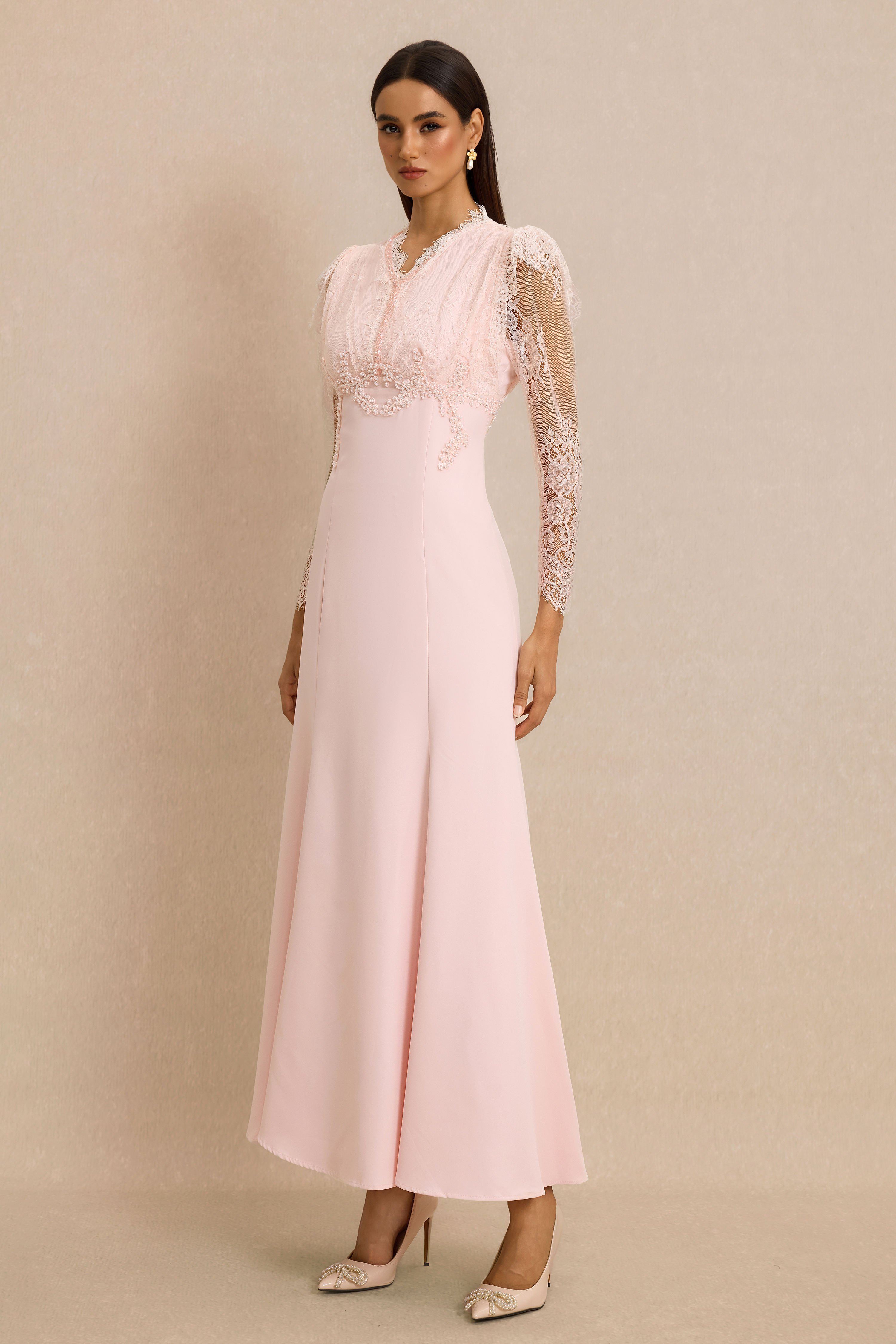 Lace V-Neck Nail Bead Embroidery Midi Dress