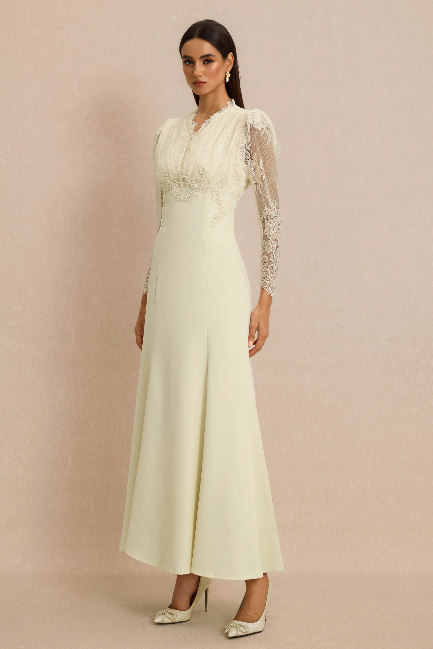 Lace V-Neck Nail Bead Embroidery Midi Dress