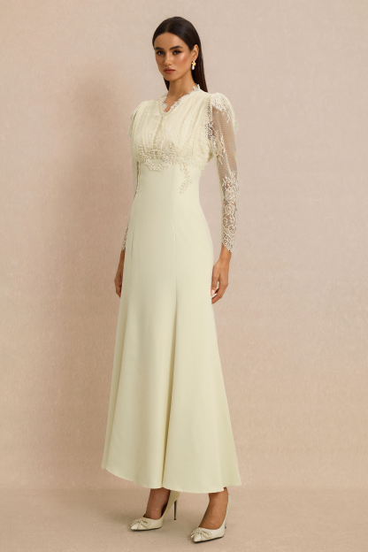 Lace V-Neck Nail Bead Embroidery Midi Dress