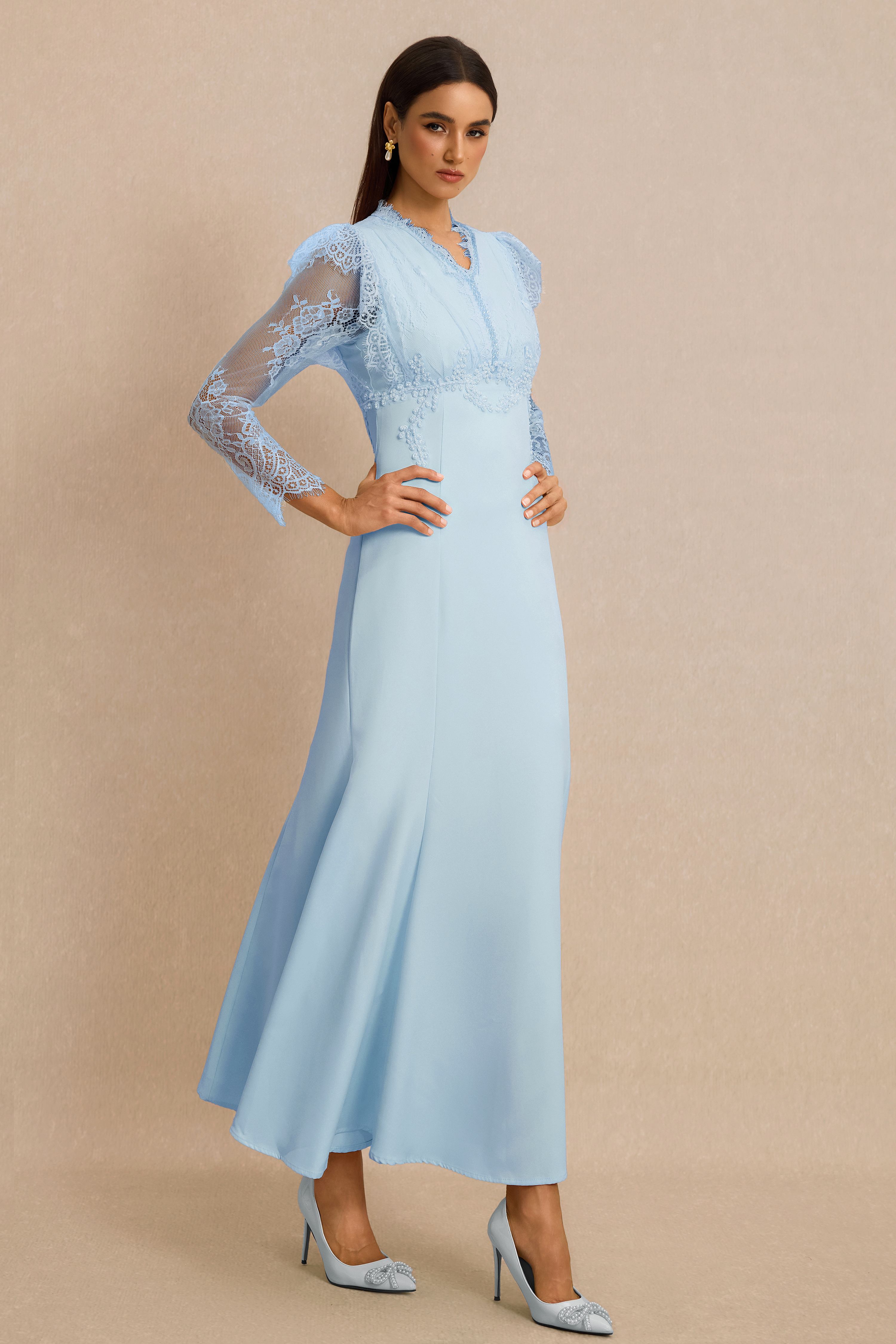 Lace V-Neck Nail Bead Embroidery Midi Dress