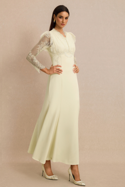 Lace V-Neck Nail Bead Embroidery Midi Dress