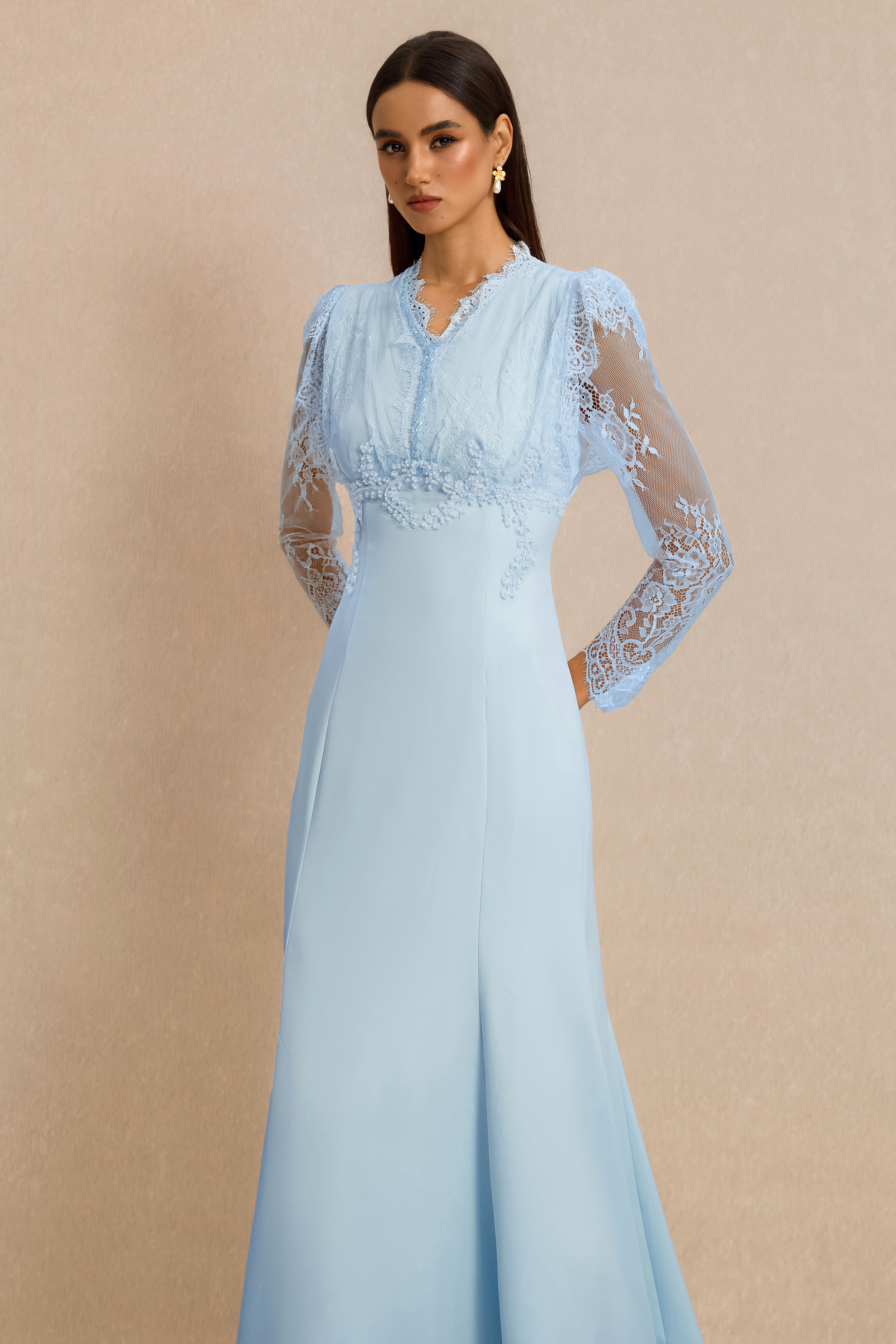 Lace V-Neck Nail Bead Embroidery Midi Dress