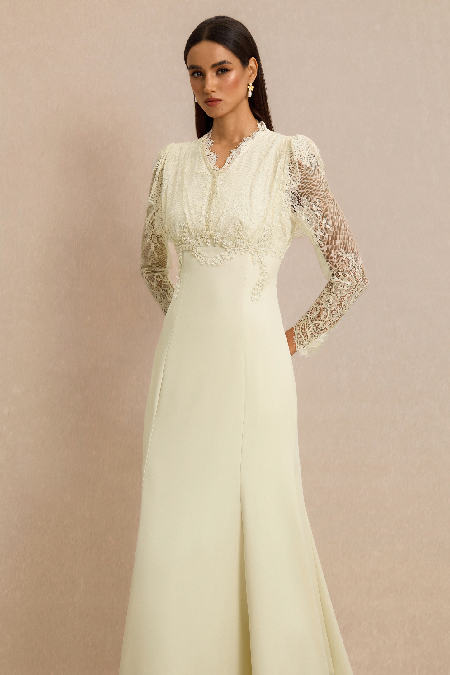 Lace V-Neck Nail Bead Embroidery Midi Dress