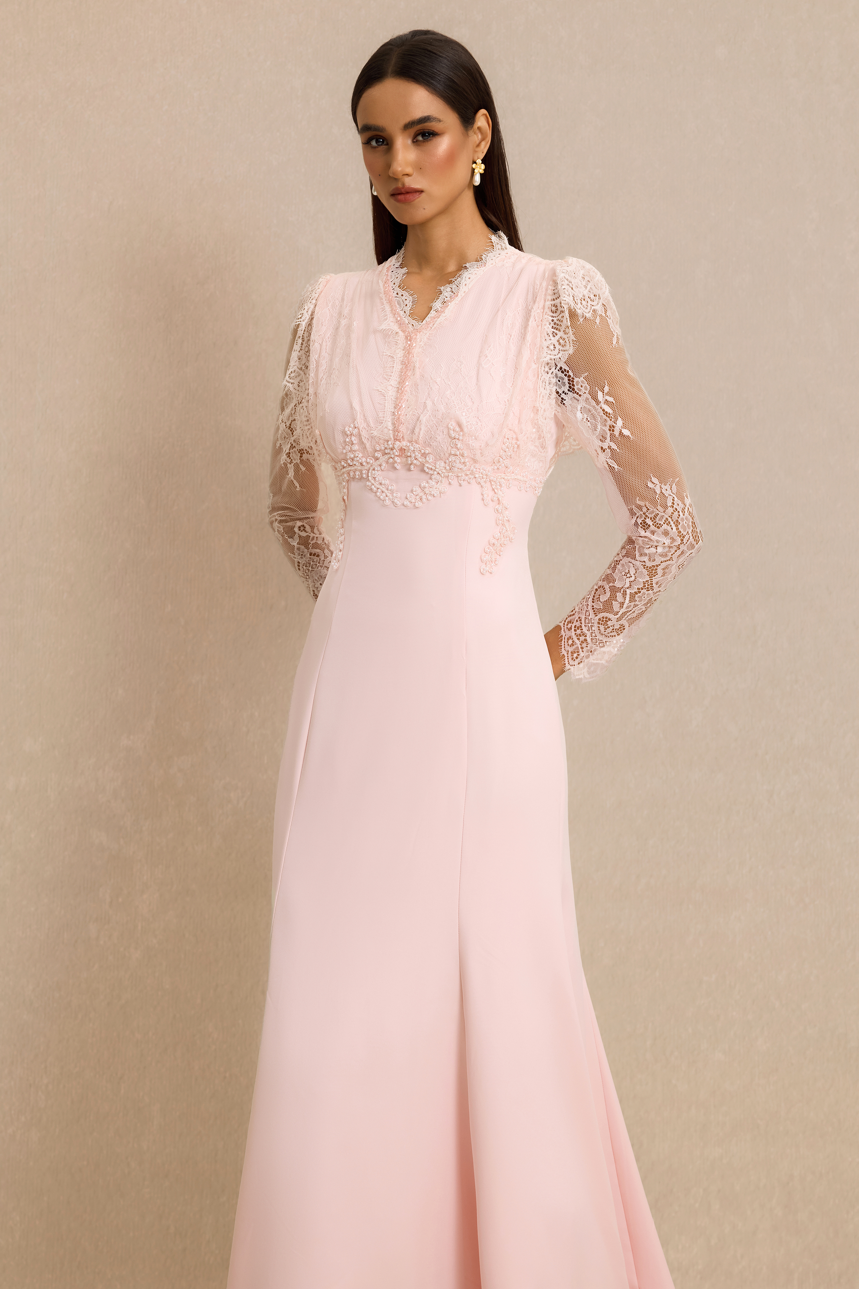 Lace V-Neck Nail Bead Embroidery Midi Dress