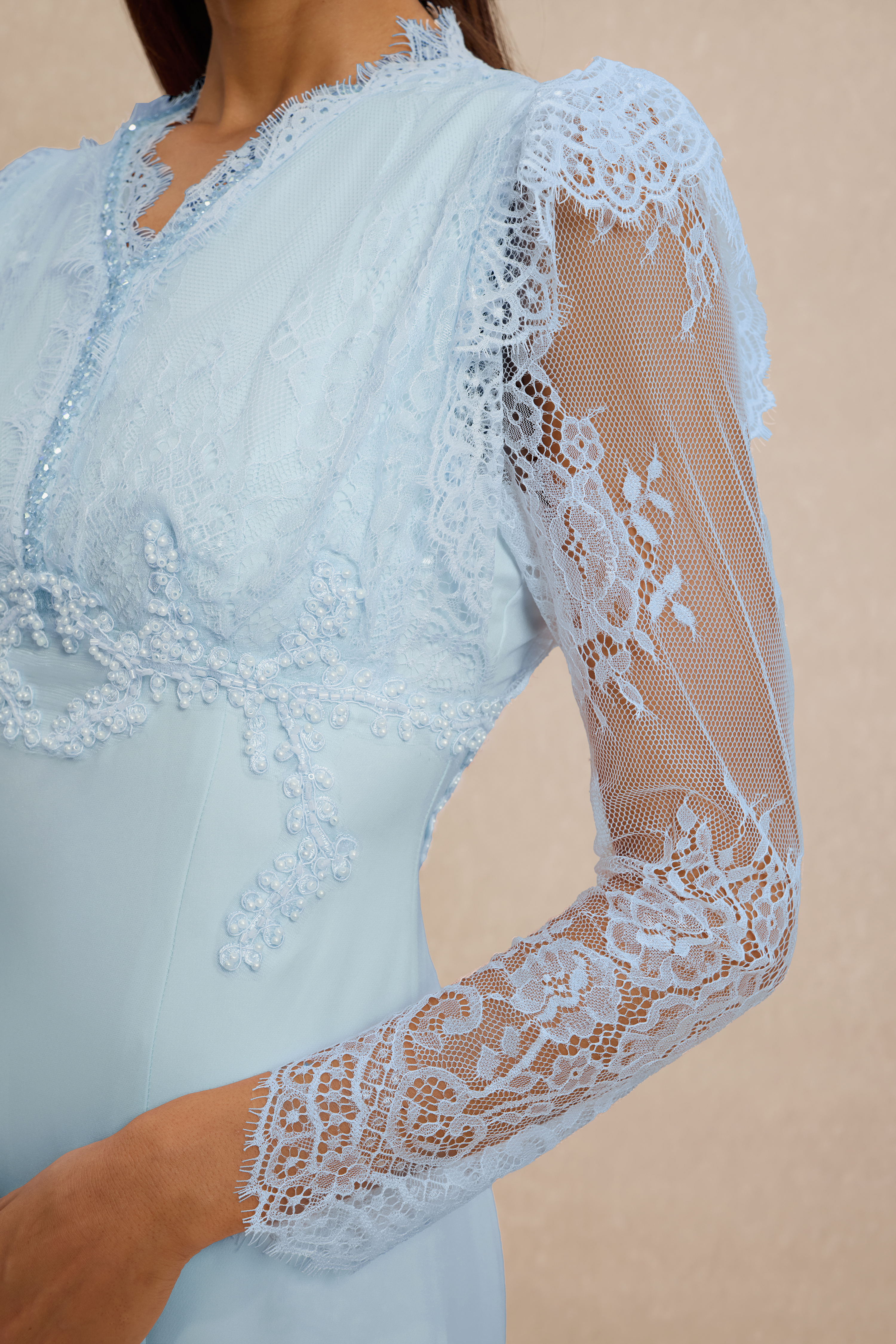 Lace V-Neck Nail Bead Embroidery Midi Dress