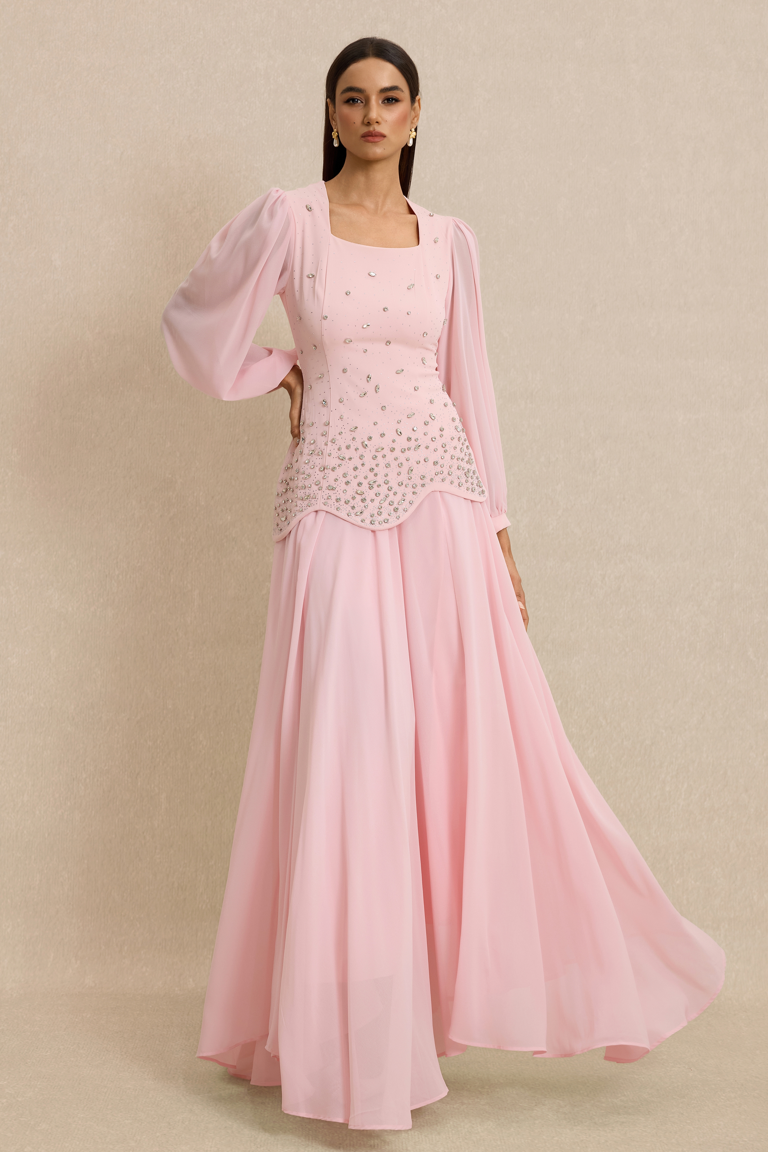 Square Collar Rhinestone Top & Mid Waist Maxi Skirt Set