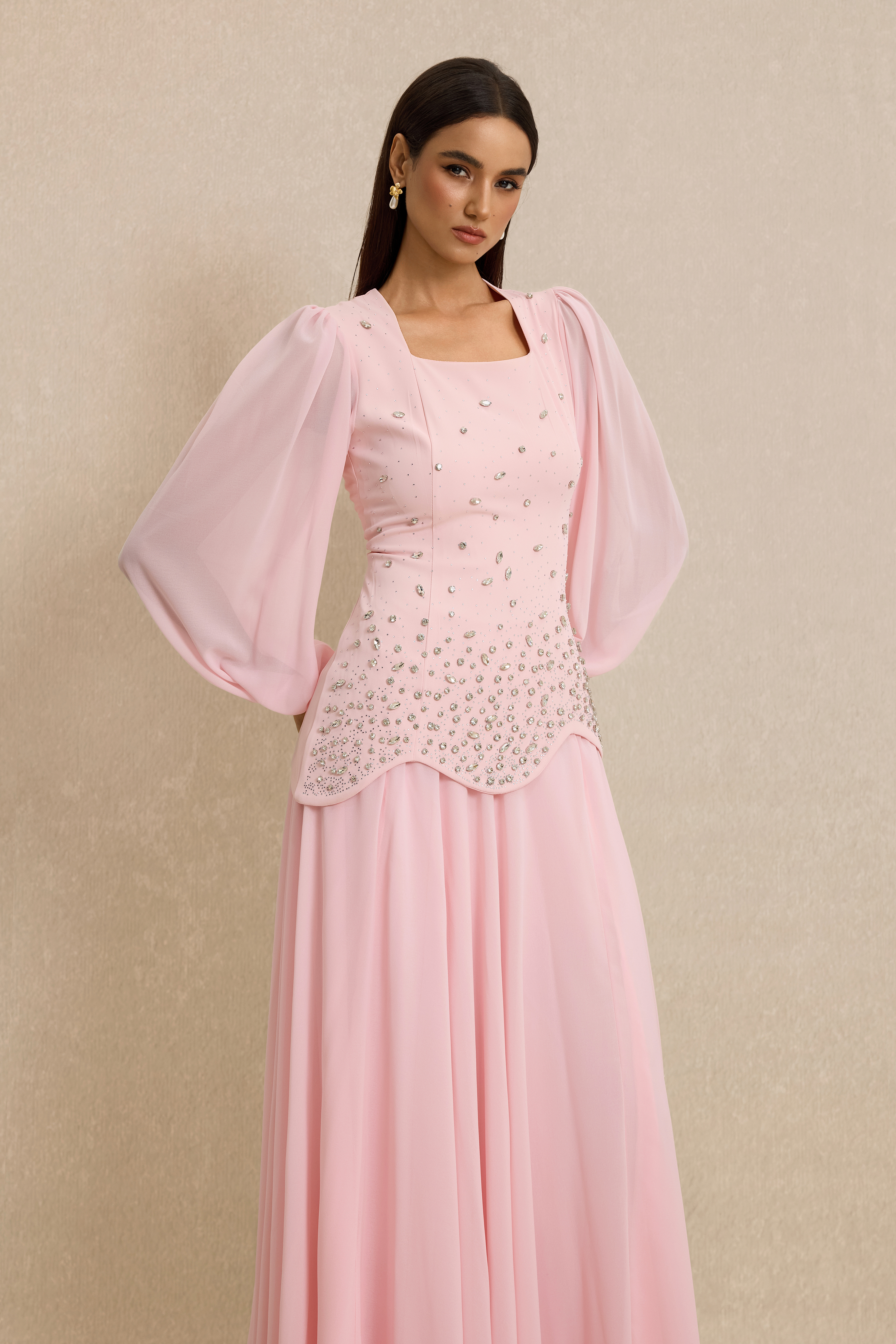 Square Collar Rhinestone Top & Mid Waist Maxi Skirt Set