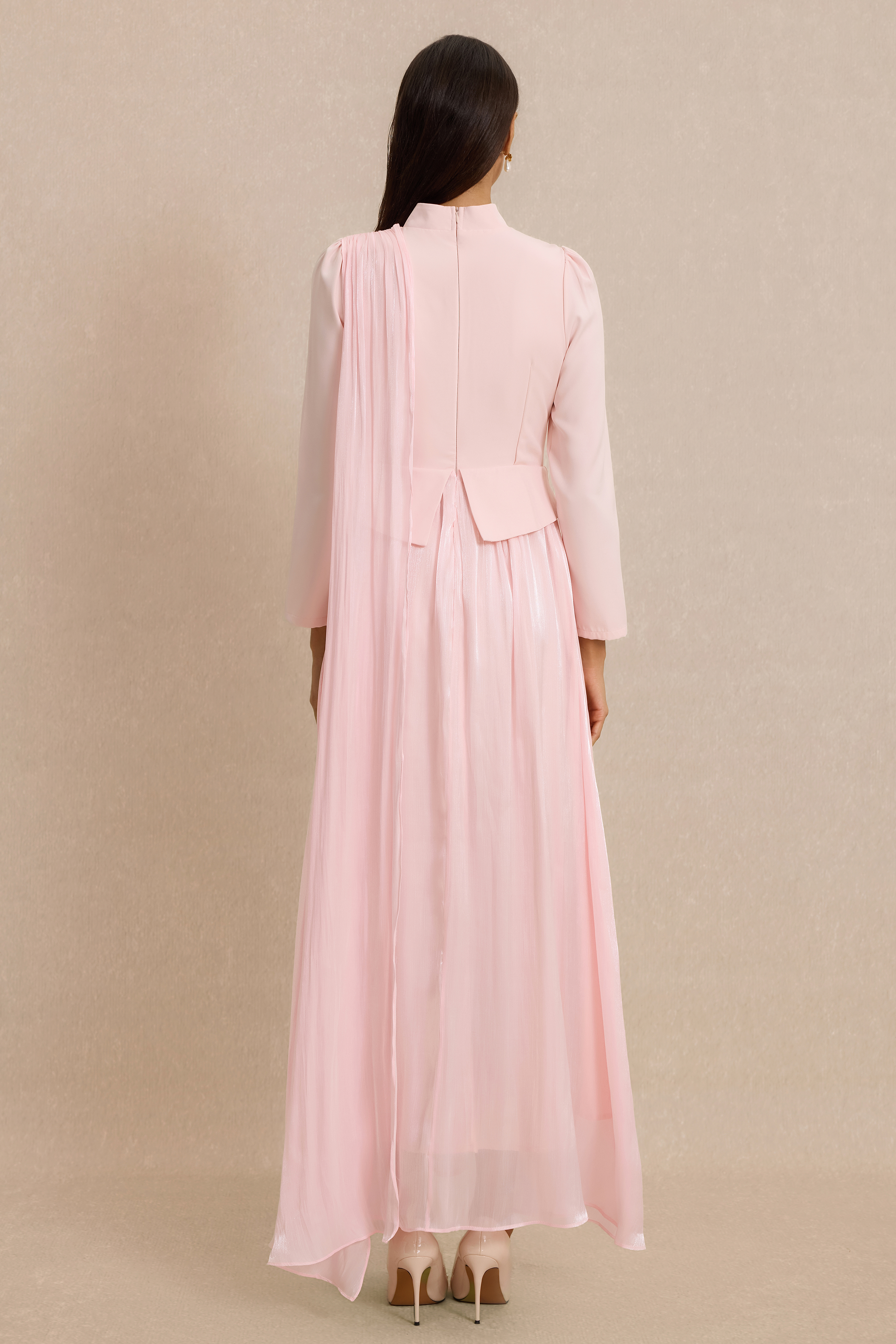 Rhinestone Rivets Pearl Stand Collar Maxi Dress