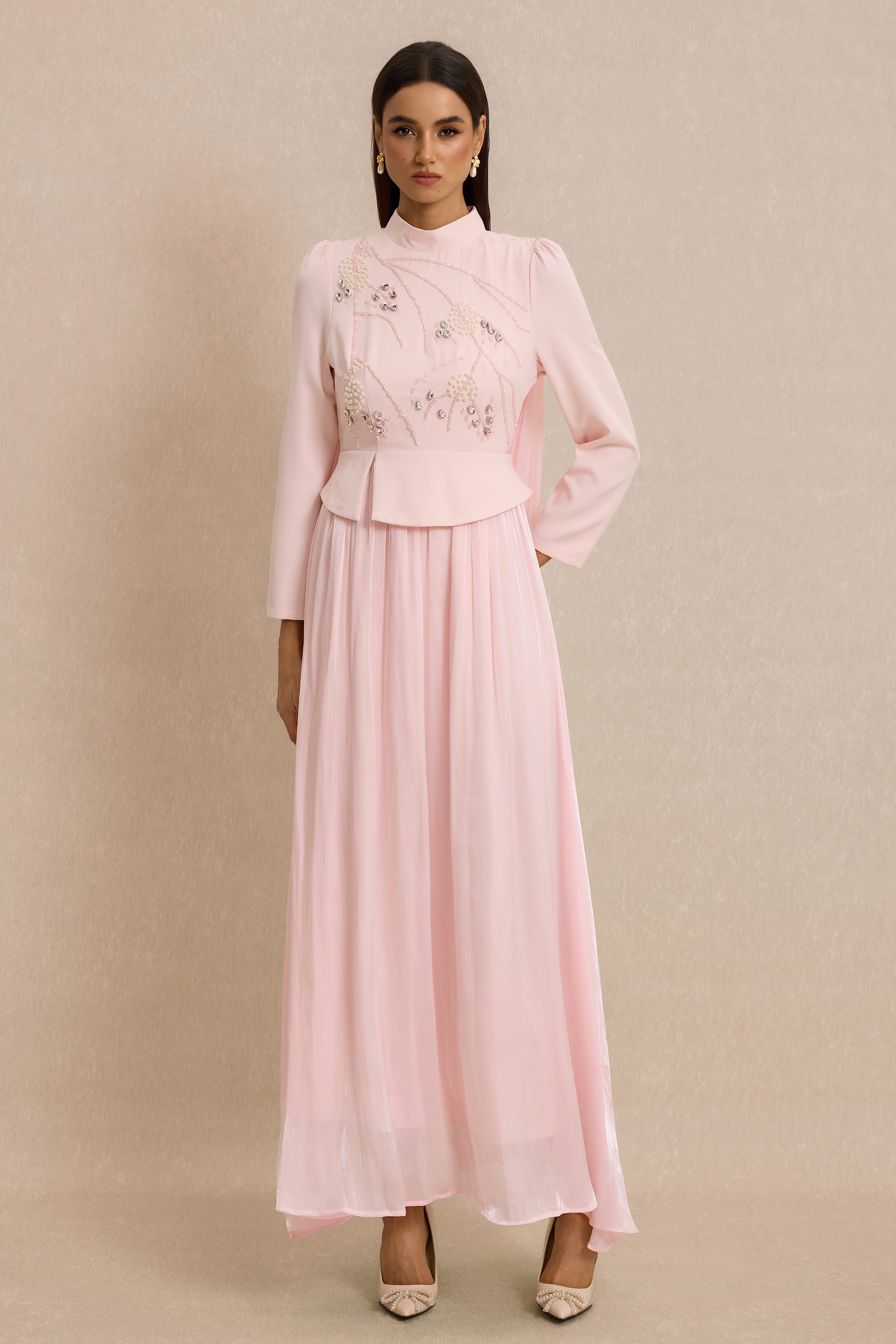 Rhinestone Rivets Pearl Stand Collar Maxi Dress
