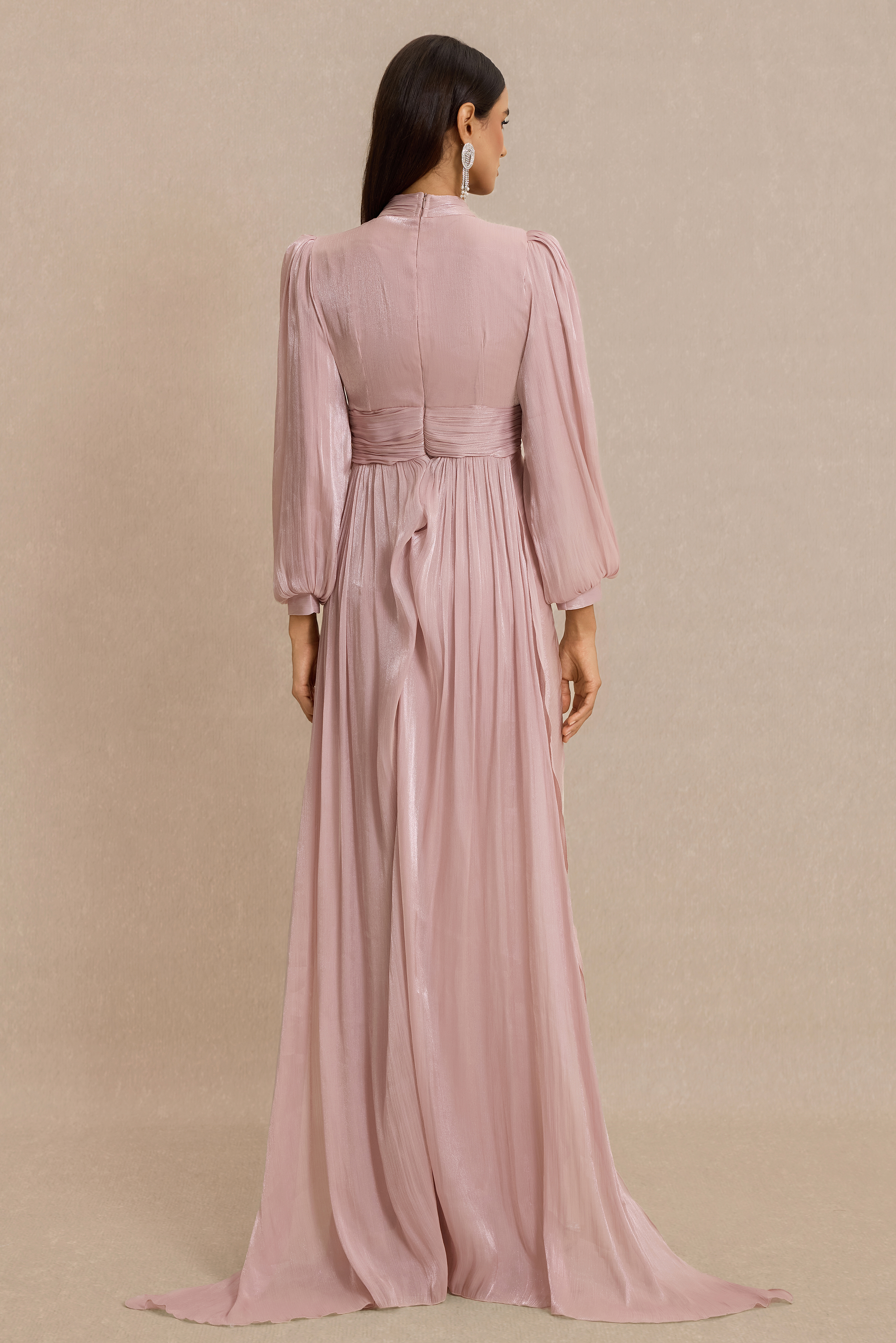 Rhinestone Rivets Gathering Lantern Sleeve Maxi Dress