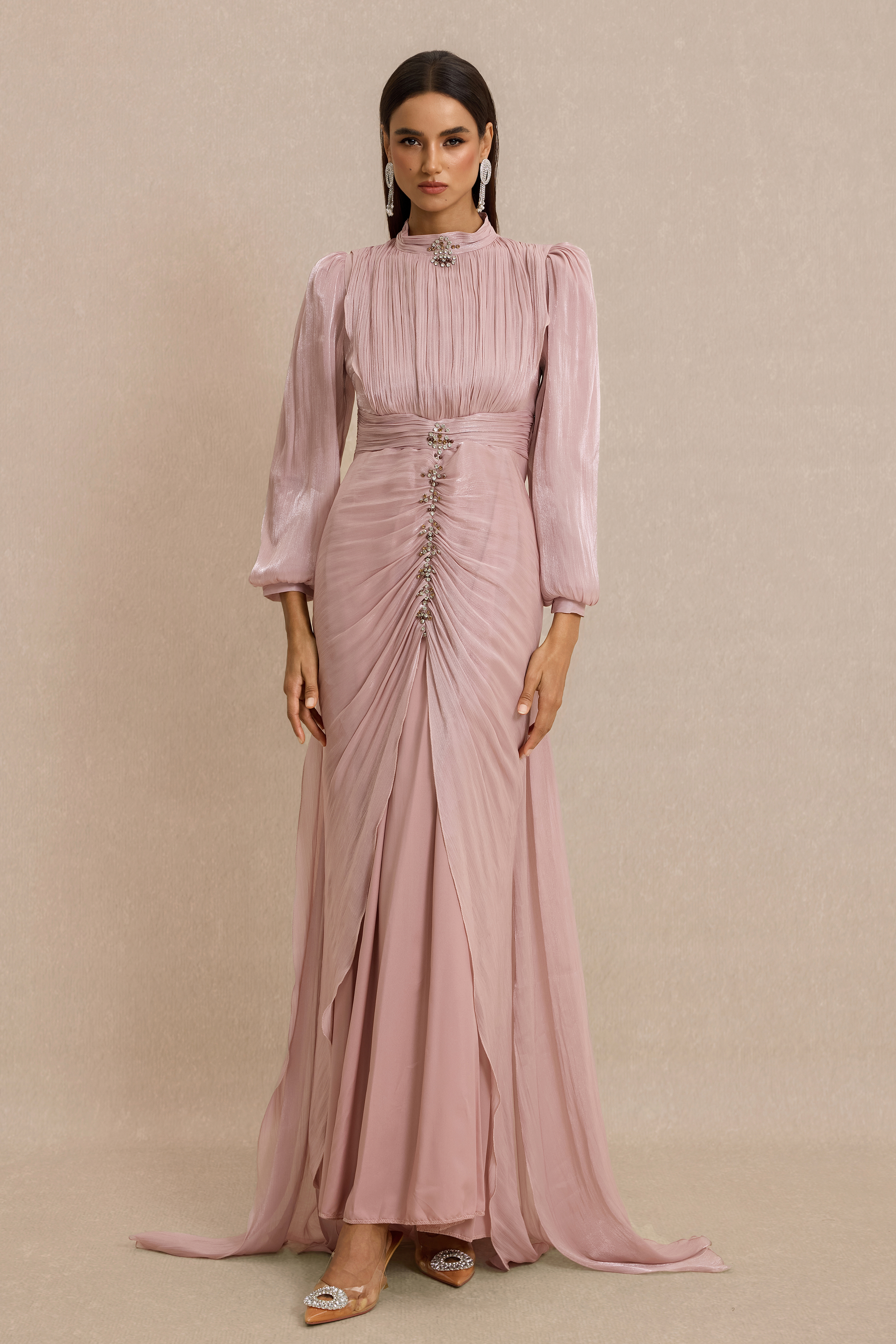 Rhinestone Rivets Gathering Lantern Sleeve Maxi Dress