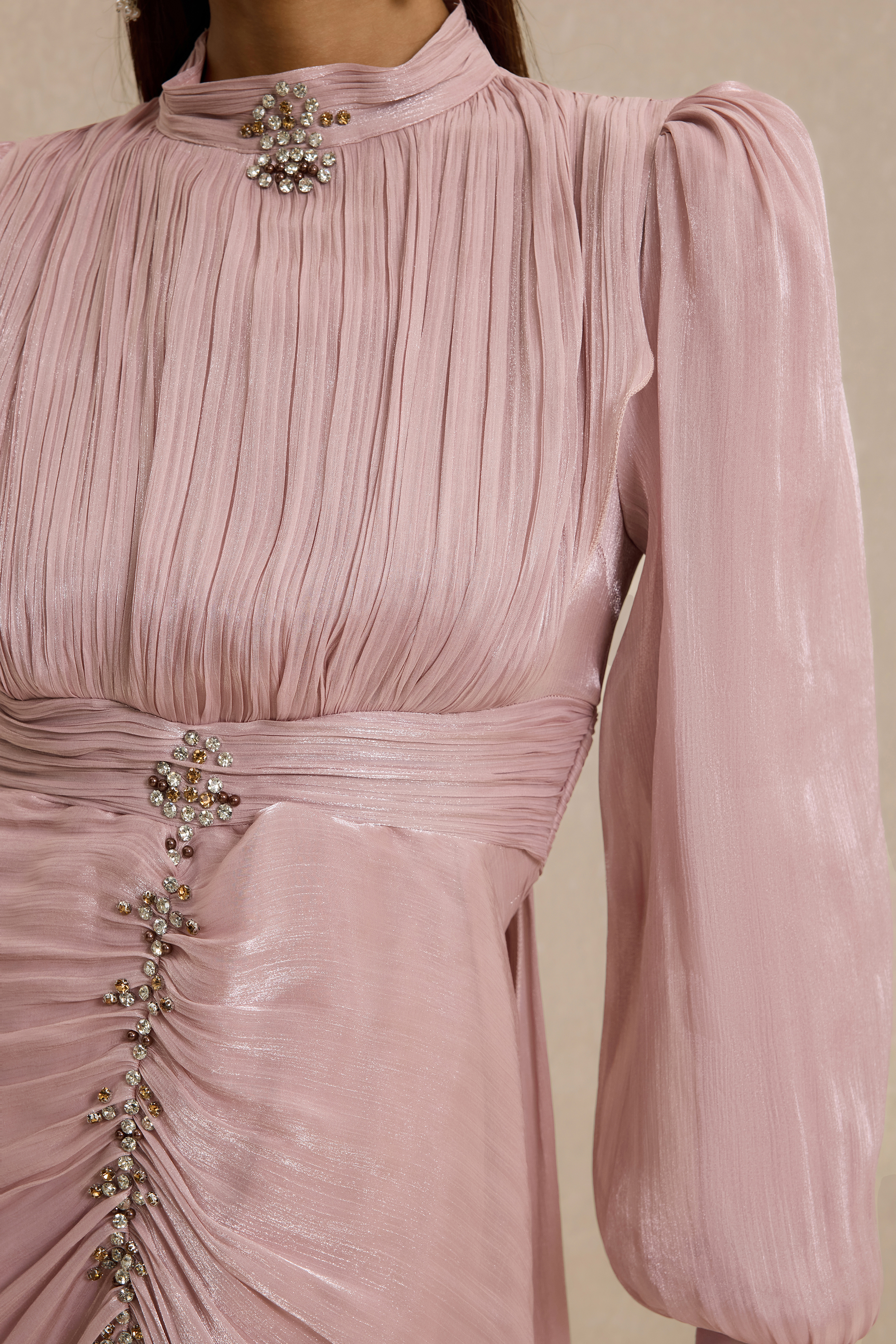 Rhinestone Rivets Gathering Lantern Sleeve Maxi Dress