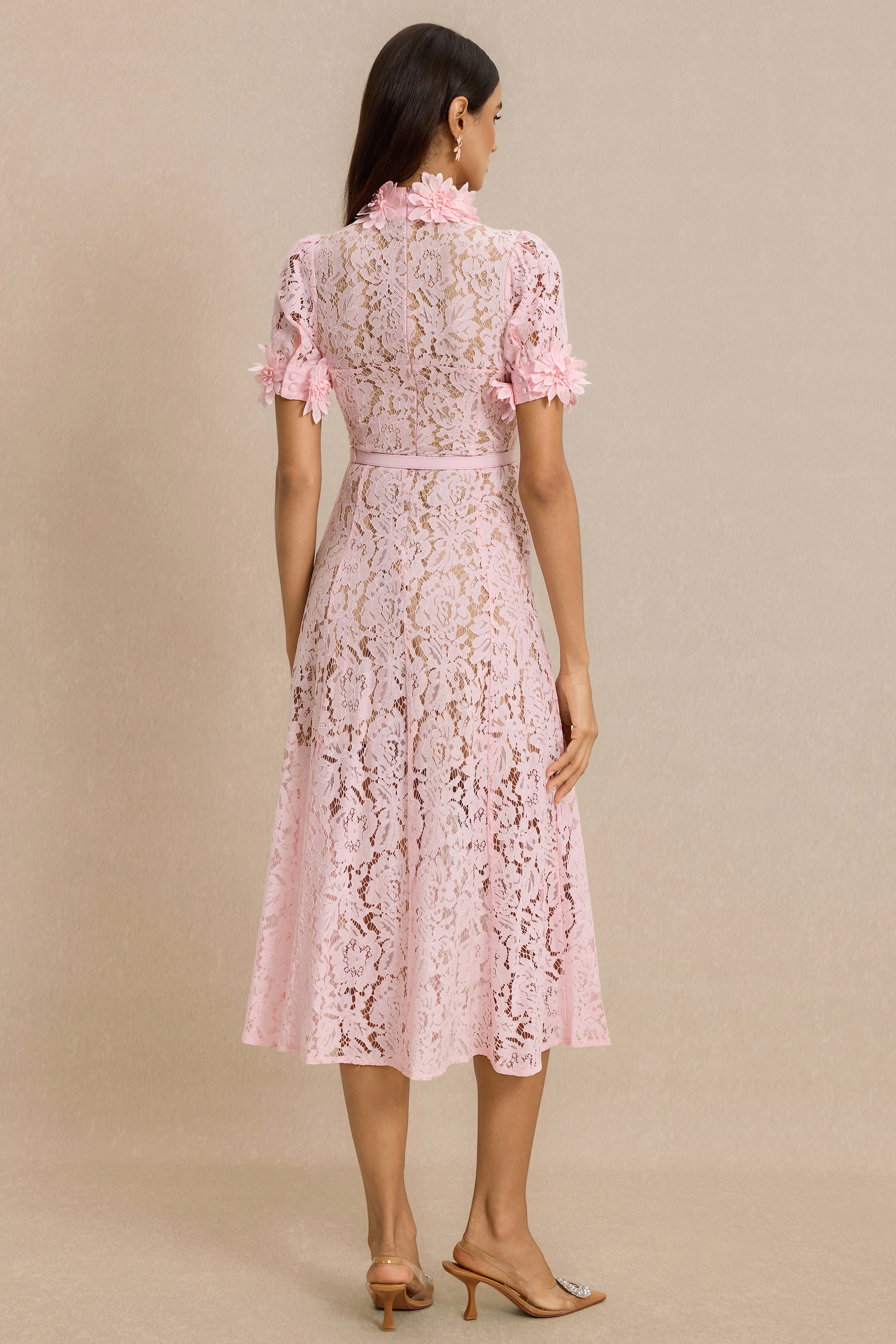 Lace 3D Flower Midi Dress With Belt