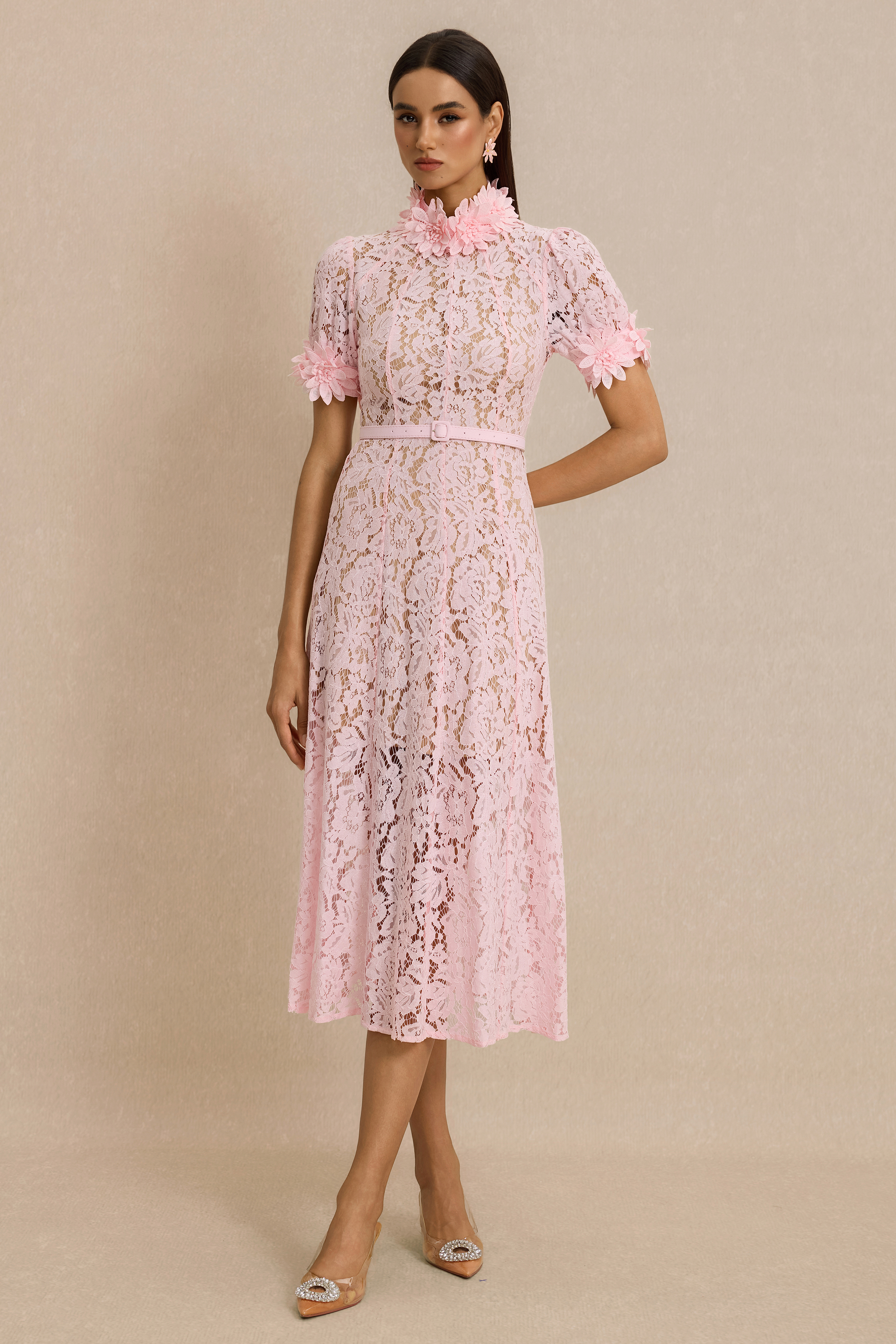 Lace 3D Flower Midi Dress With Belt