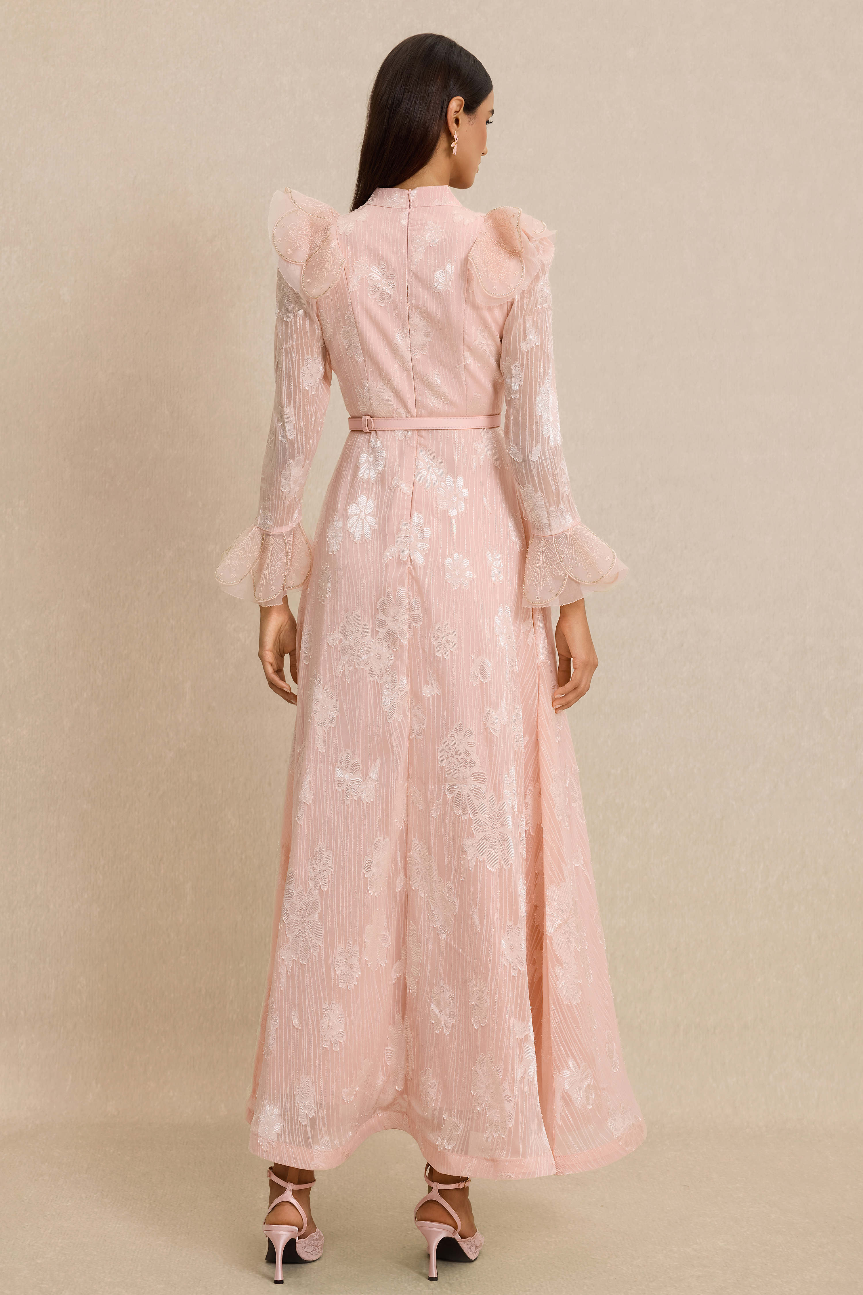 Burn-Out Beaded Button Midi Dress With Belt